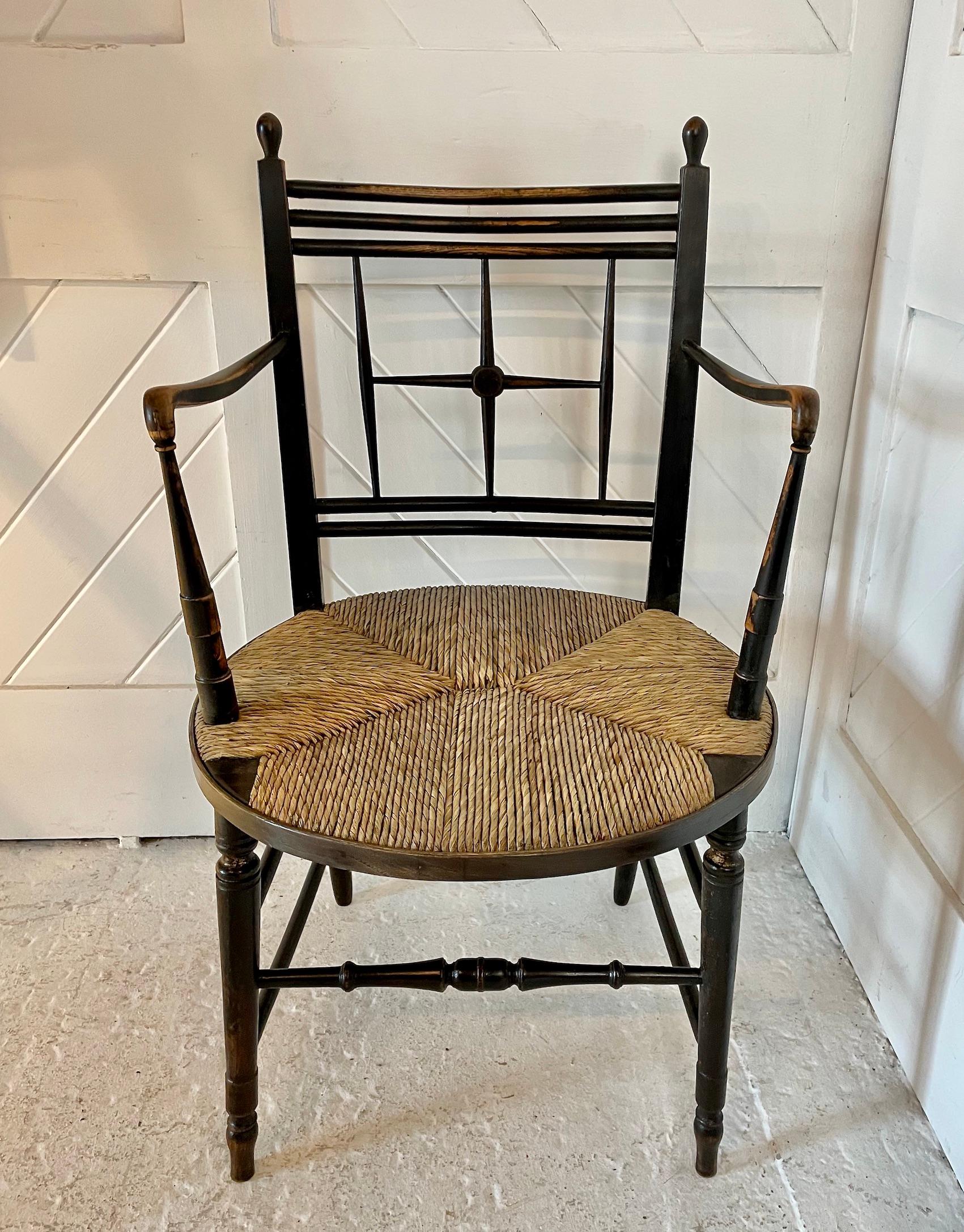 Arts & Crafts ‘Sussex’ chair.
Made using ebonised ash and beech woods.
with new traditionally rushed seat.
This chair was named ’The Madox’ after Ford Madox Brown and was first designed in 1865.
This version was made around 1895.
  