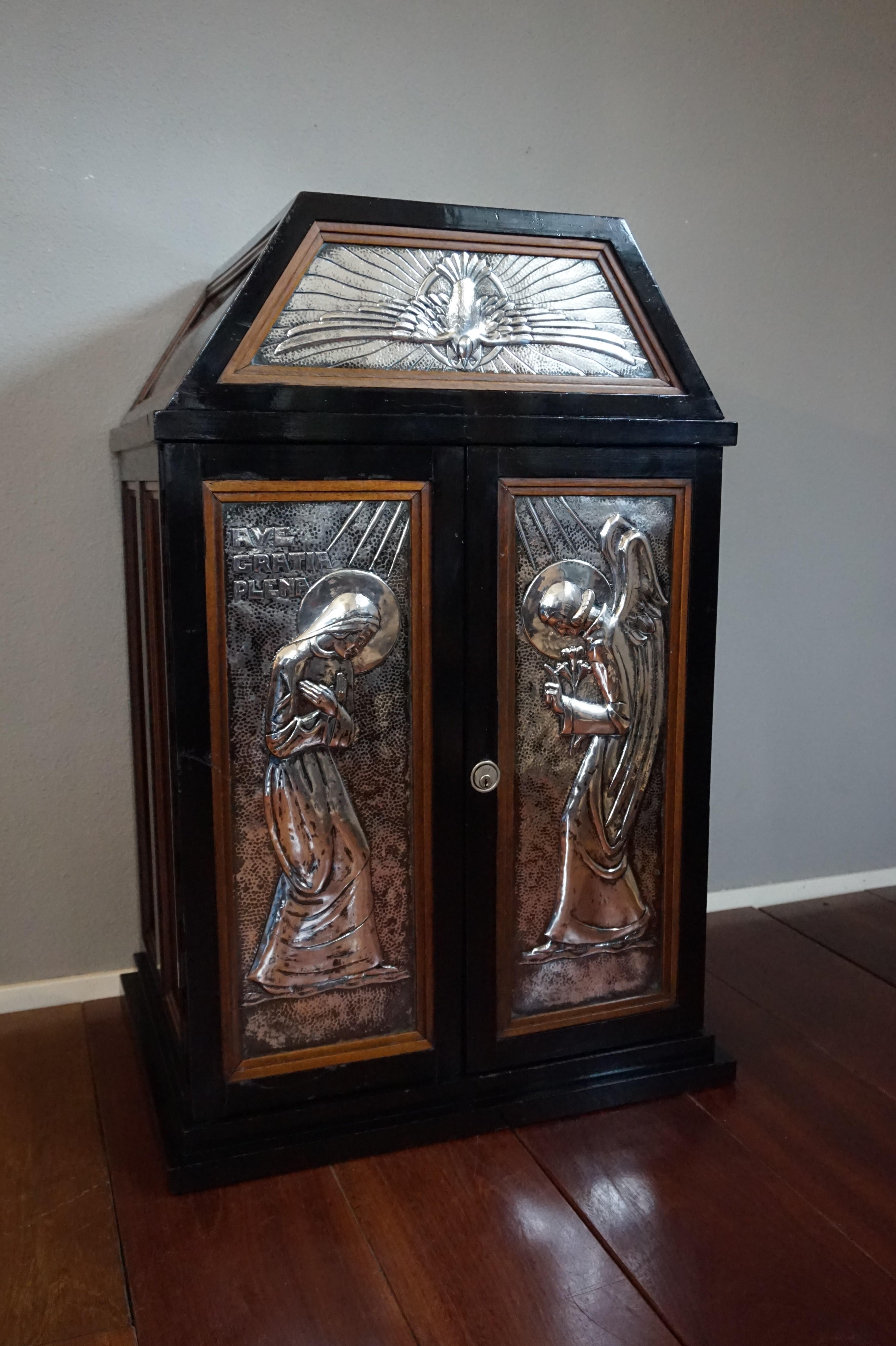 European Arts & Crafts Tabernacle with Solid Silver Mary & Archangel Gabriel Panels, 1910 For Sale