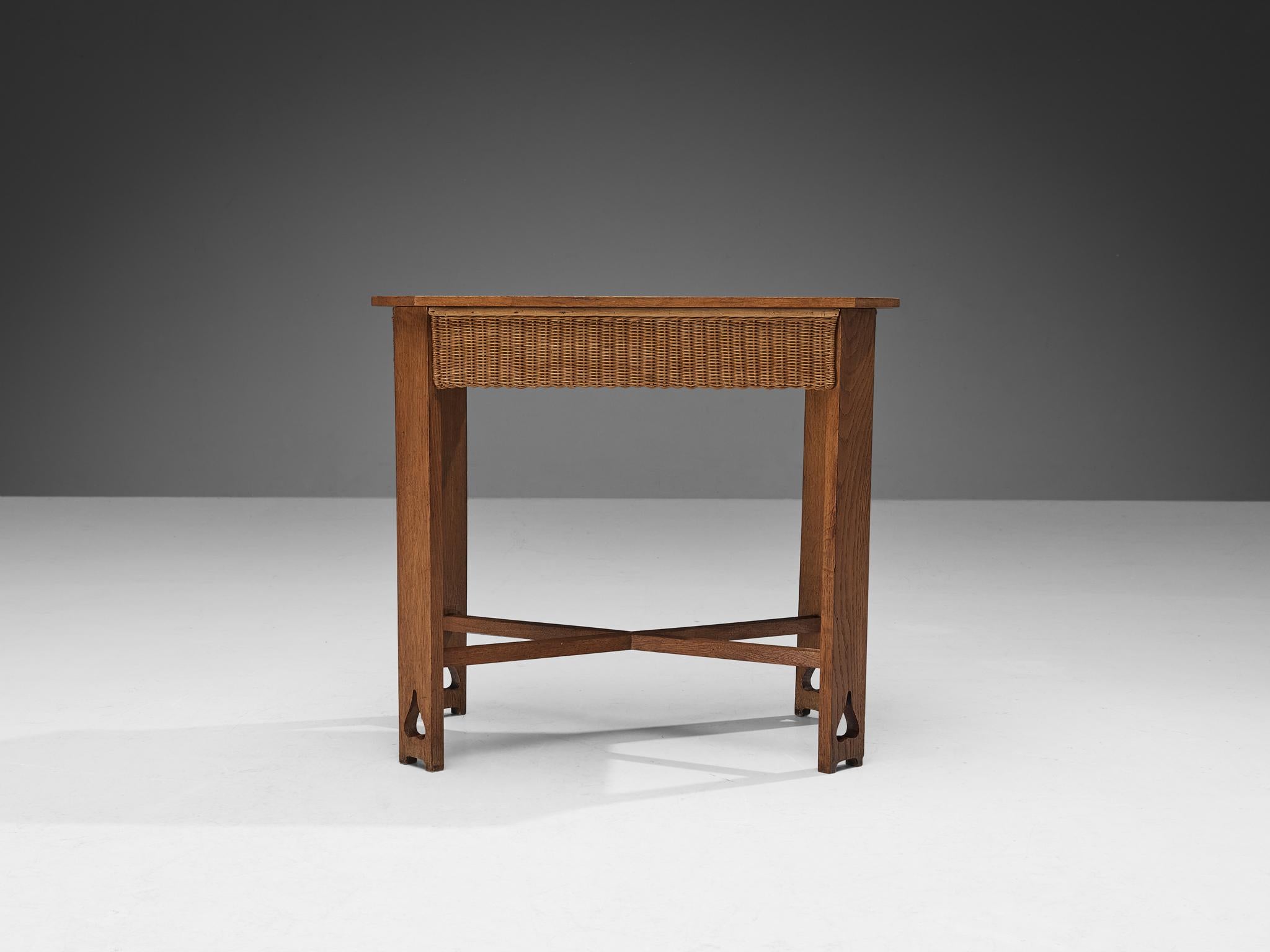 Austrian Arts & Crafts Table or Desk in Oak and Cane 