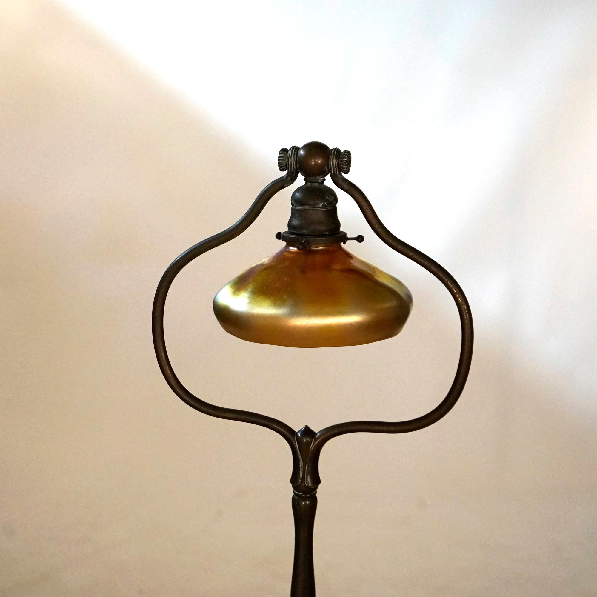 Arts & Crafts Tiffany Bronze & Gold Aurene Favrile Art Glass Lamp, Signed, c1920 2