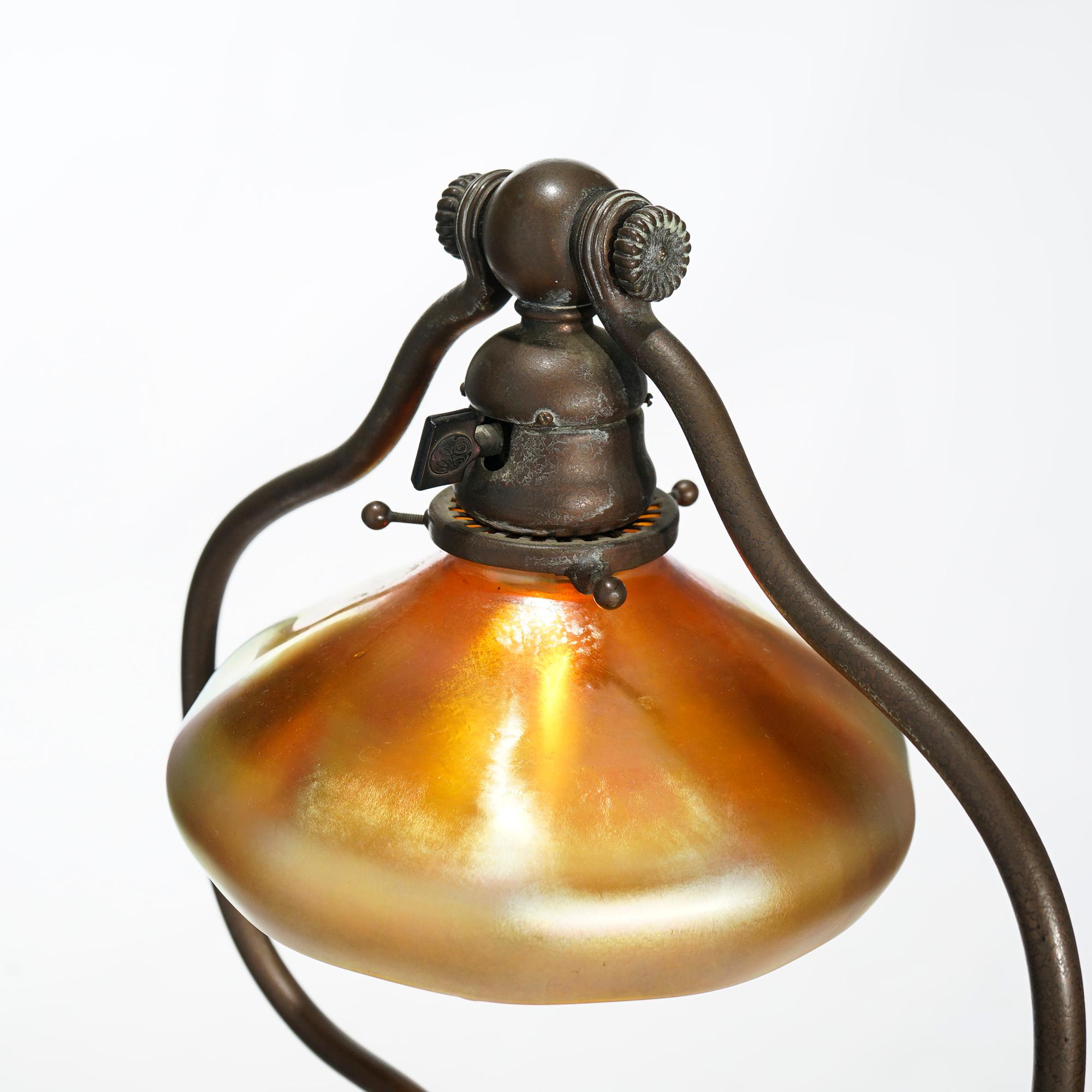 Arts & Crafts Tiffany Bronze & Gold Aurene Favrile Art Glass Lamp, Signed, c1920 6