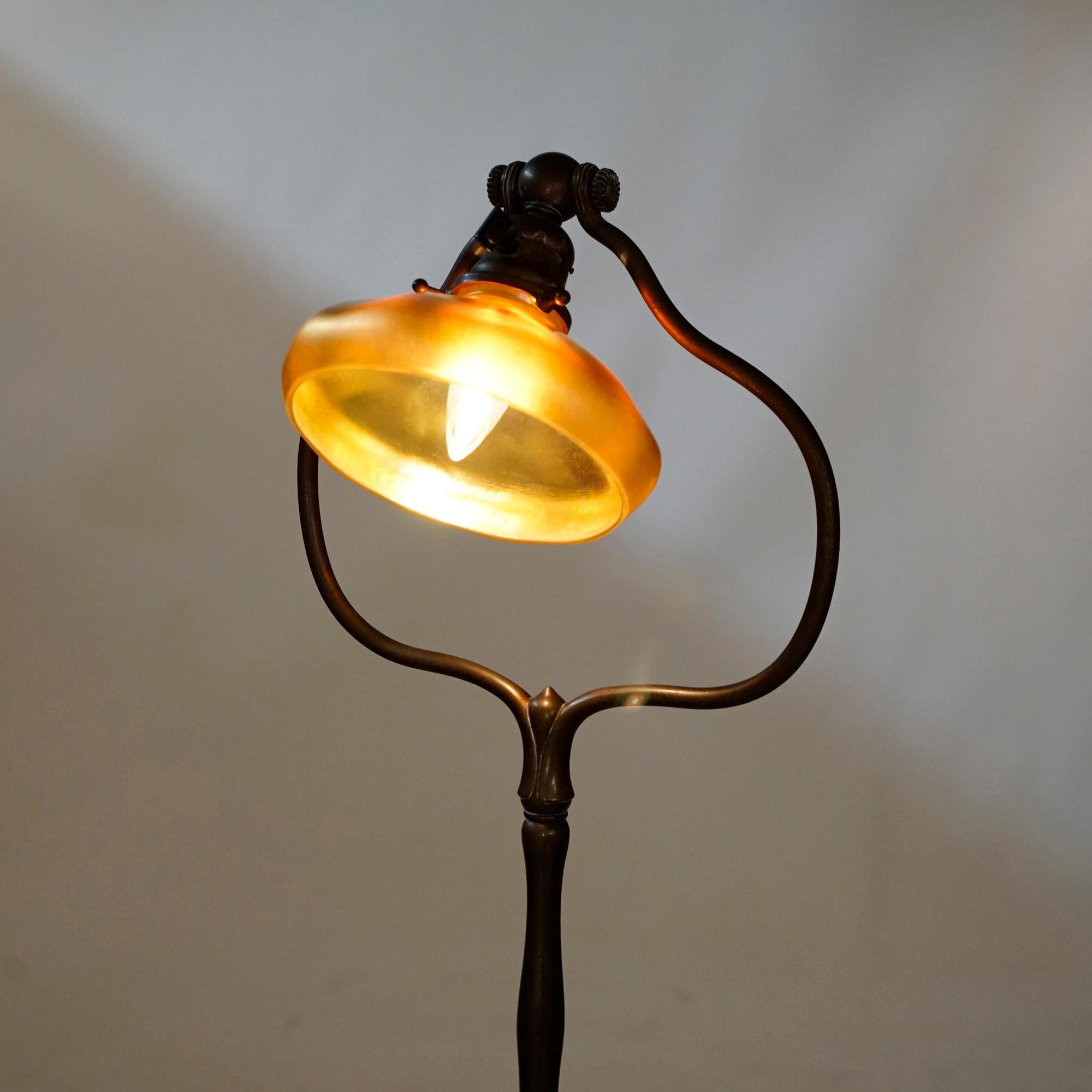 American Arts & Crafts Tiffany Bronze & Gold Aurene Favrile Art Glass Lamp, Signed, c1920