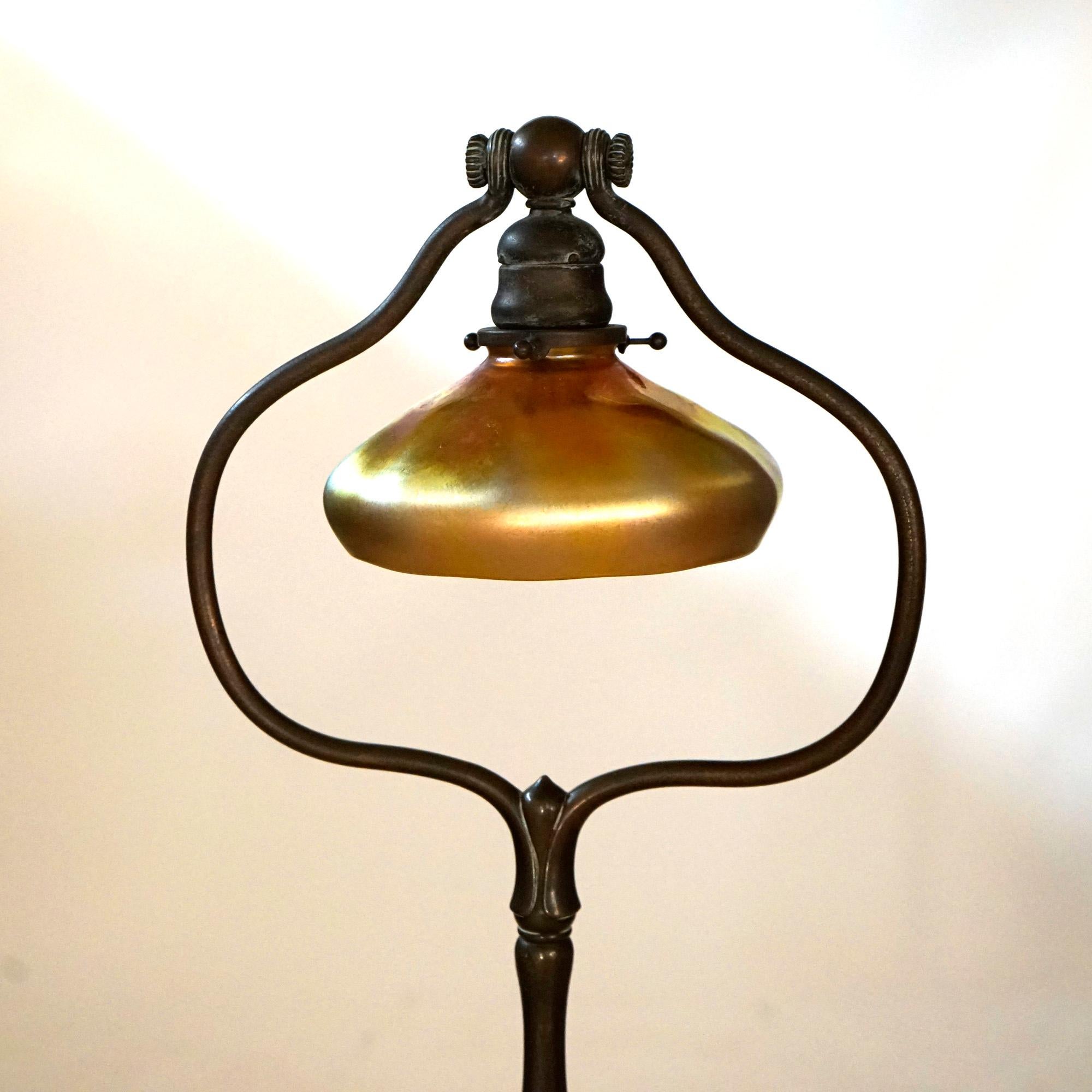 Cast Arts & Crafts Tiffany Bronze & Gold Aurene Favrile Art Glass Lamp, Signed, c1920
