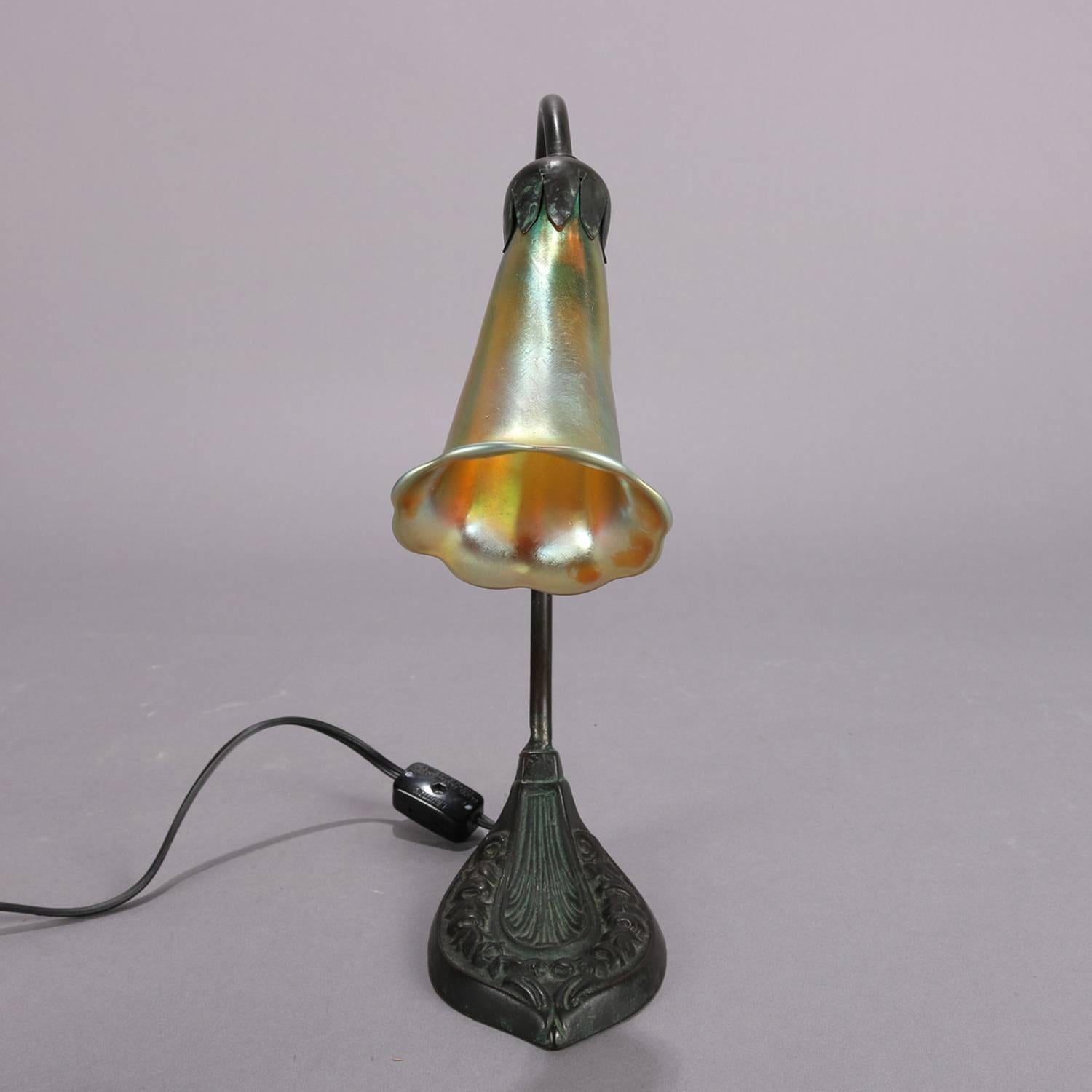 Arts and Crafts Arts & Crafts Tiffany Studios Bronze Lily Lamp, Favrile Art Glass Shade