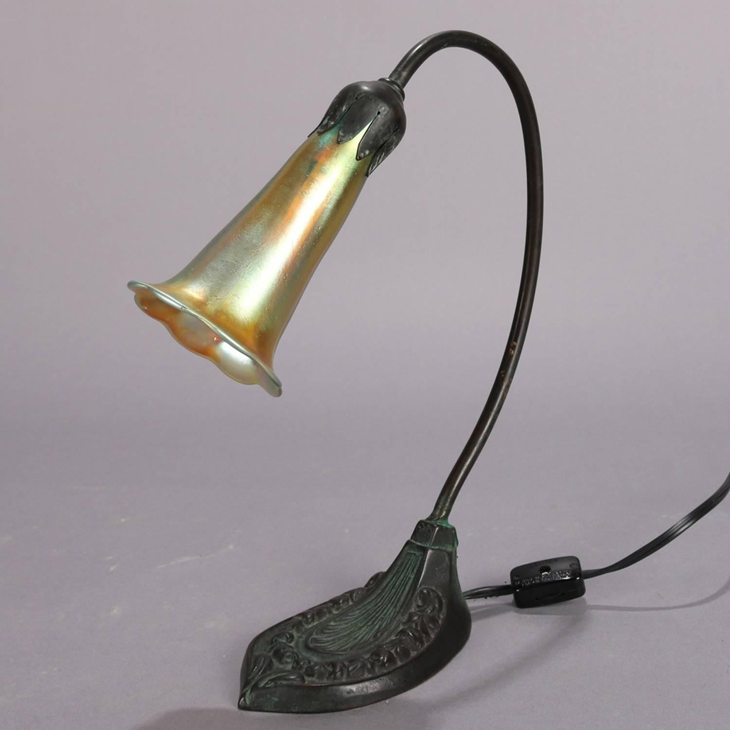 American Arts & Crafts Tiffany Studios Bronze Lily Lamp, Favrile Art Glass Shade