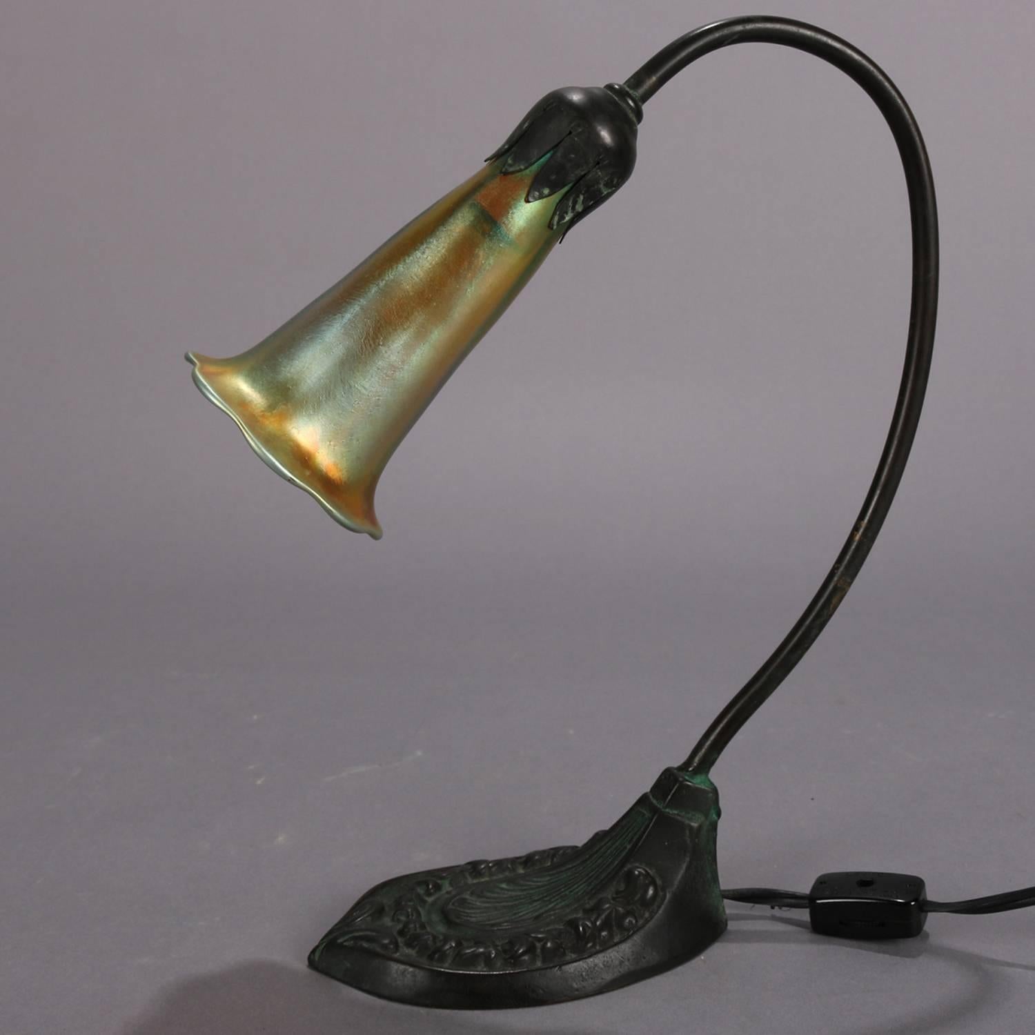 20th Century Arts & Crafts Tiffany Studios Bronze Lily Lamp, Favrile Art Glass Shade