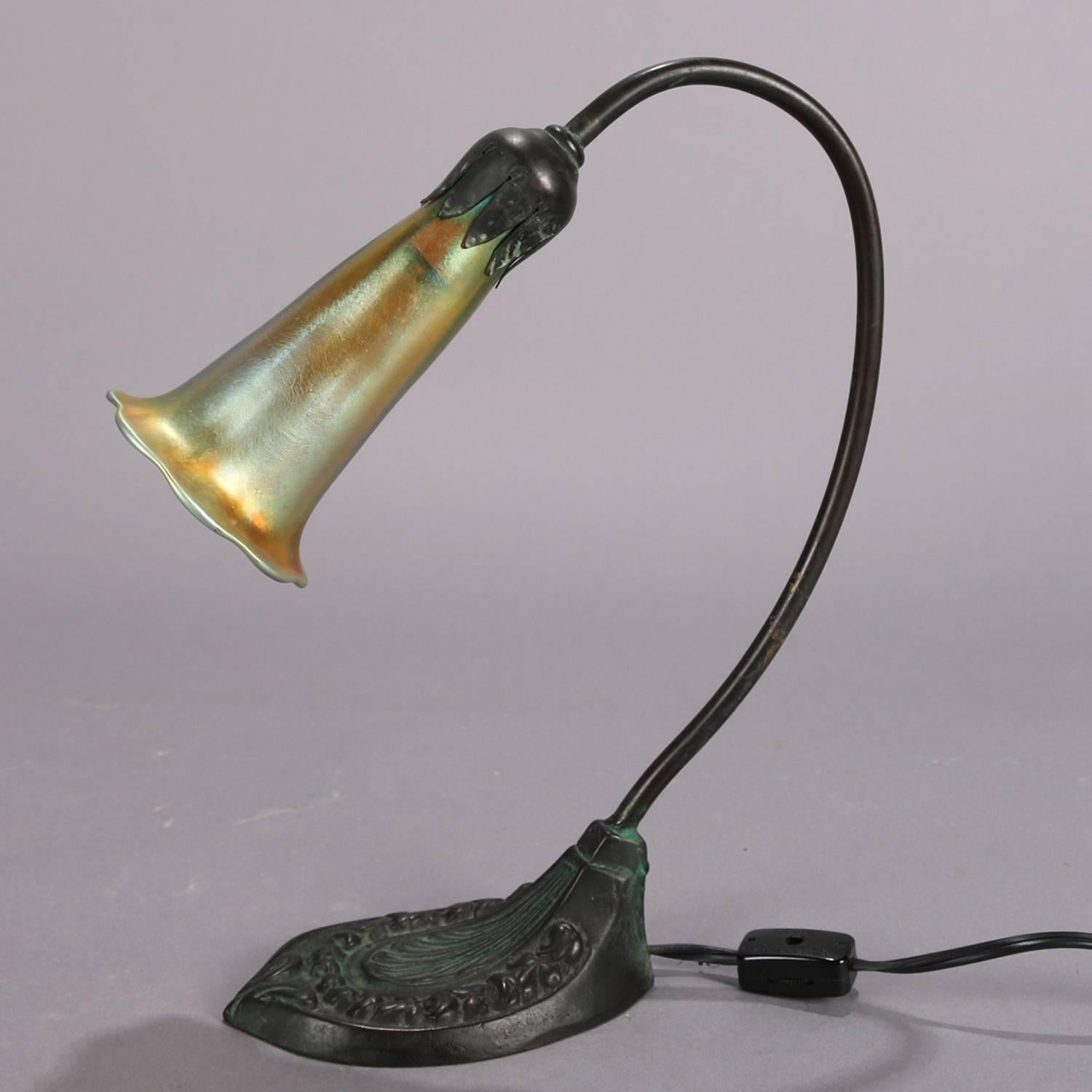 Arts & Crafts Tiffany Studios Bronze Lily Lamp, Favrile Art Glass Shade 1