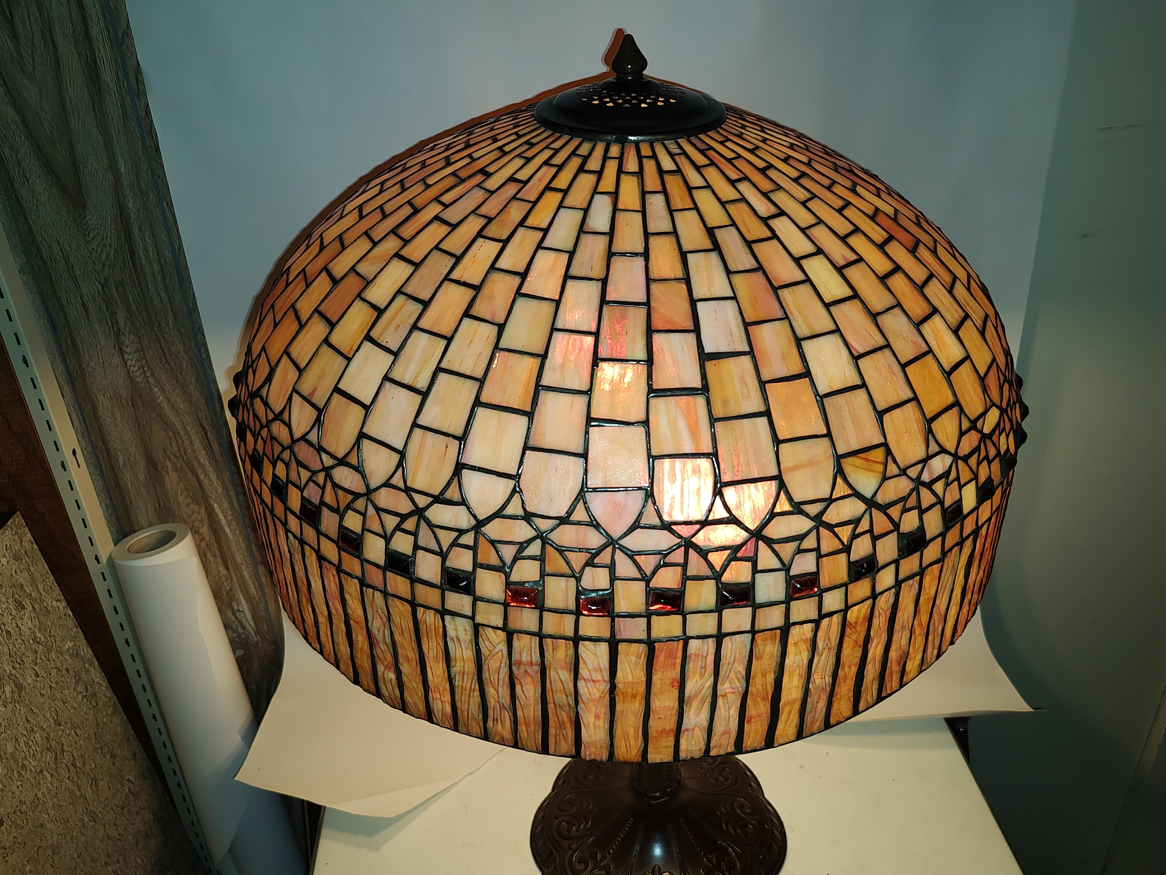 Cast Arts & Crafts Tiffany Style Large Leaded Glass Table Lamp