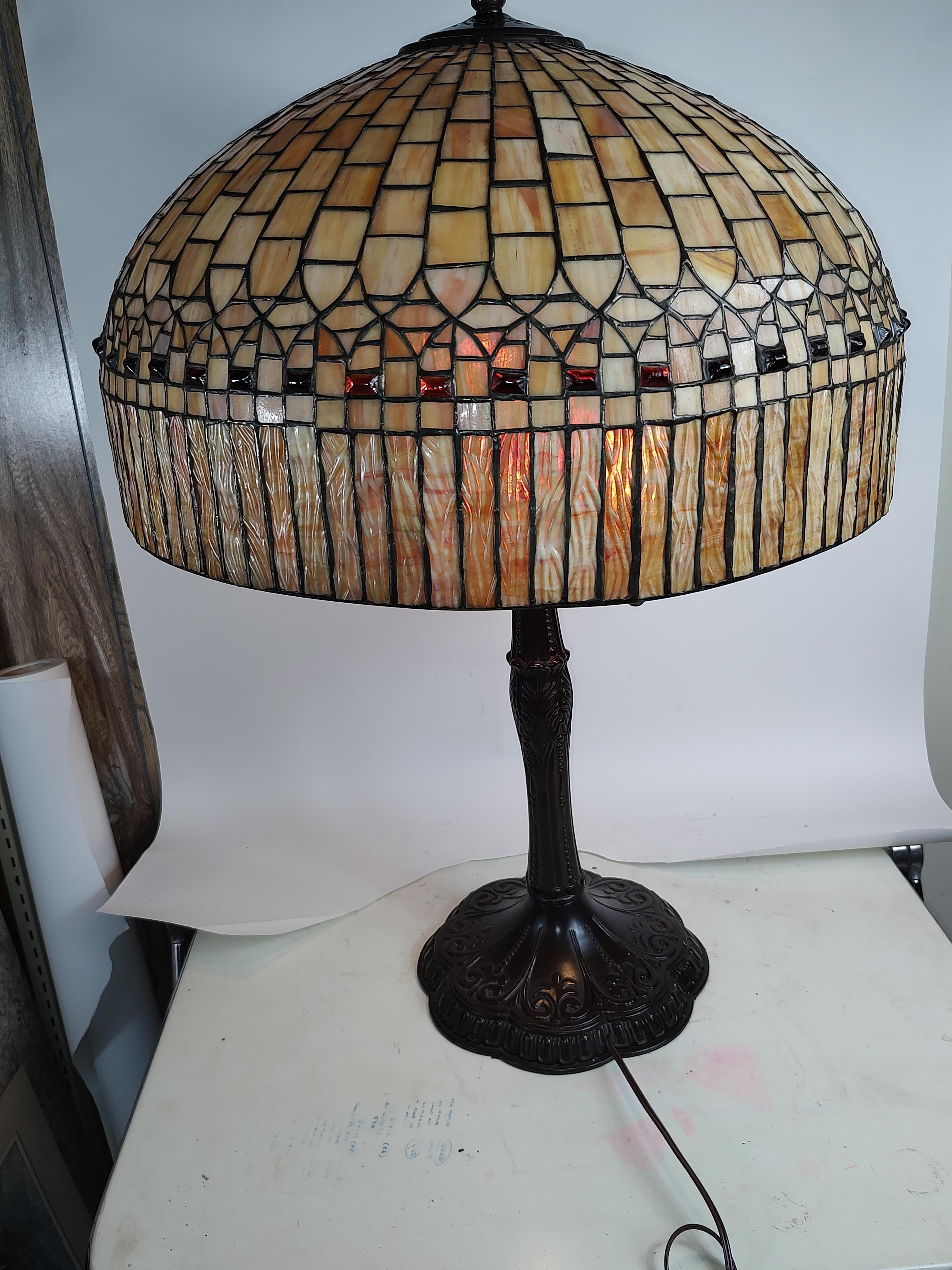 Arts & Crafts Tiffany Style Large Leaded Glass Table Lamp 1