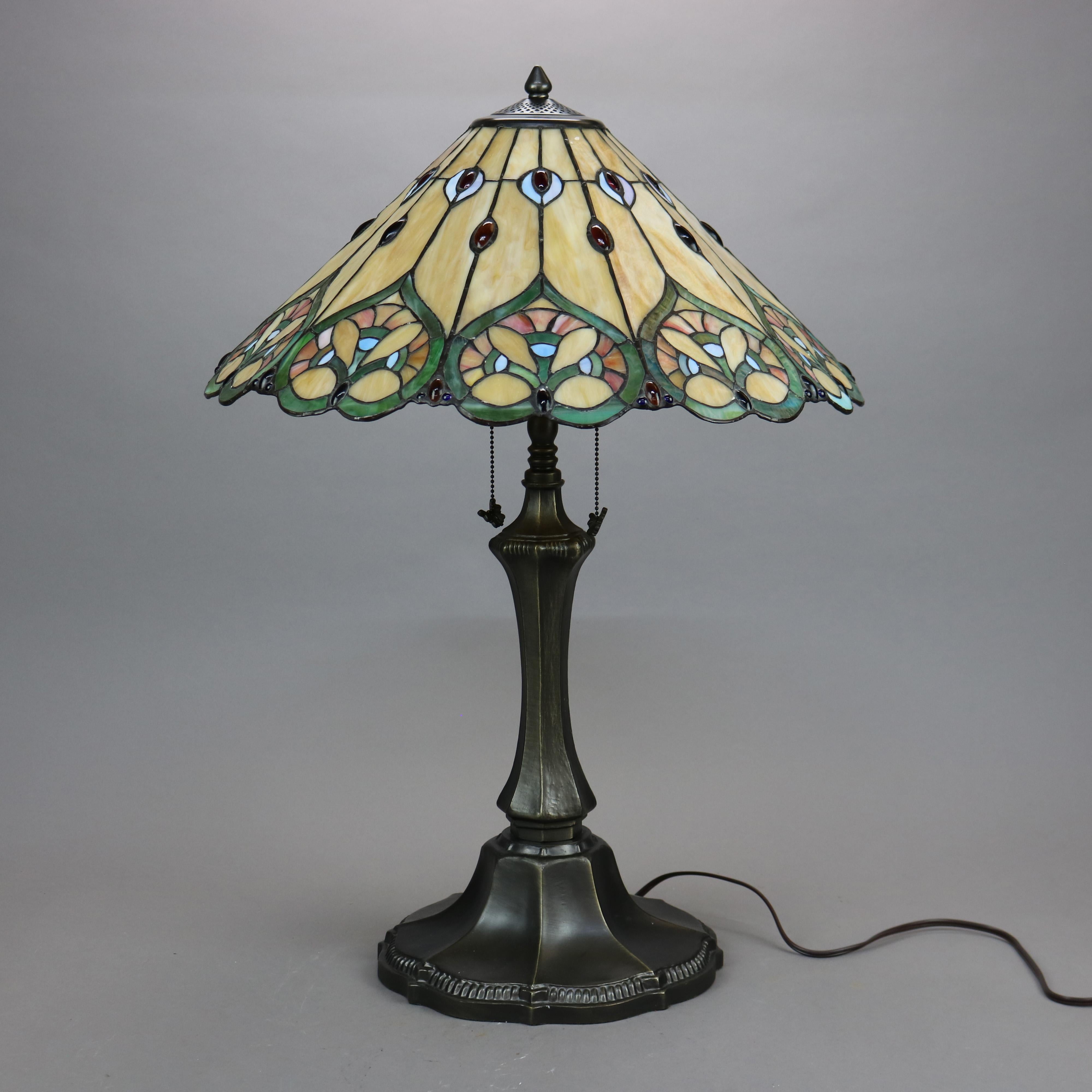 Bronzed Arts & Crafts Tiffany Style Leaded Stained Glass Table Lamp, 20th C