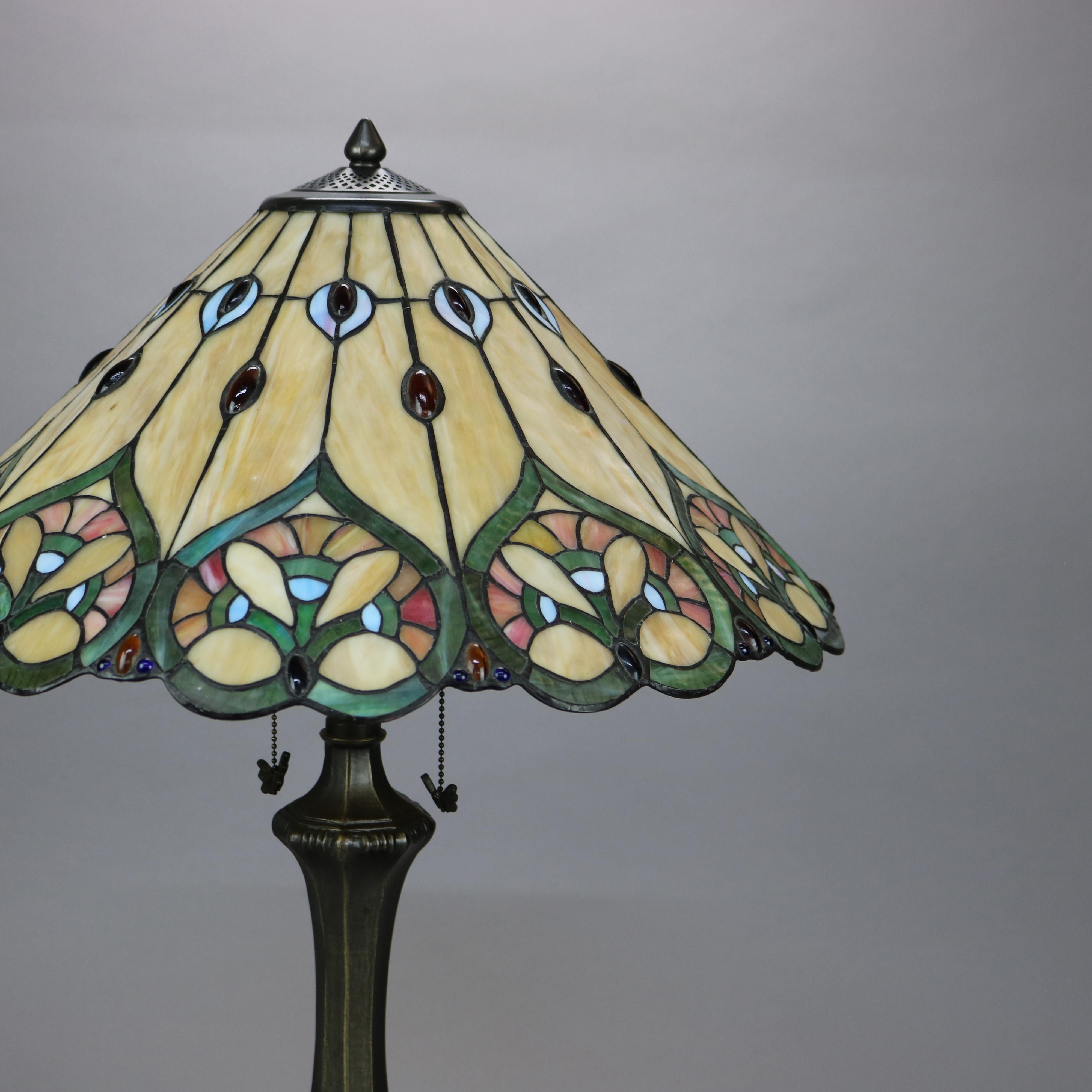 Bronzed Arts & Crafts Tiffany Style Leaded Stained Glass Table Lamp 20th C