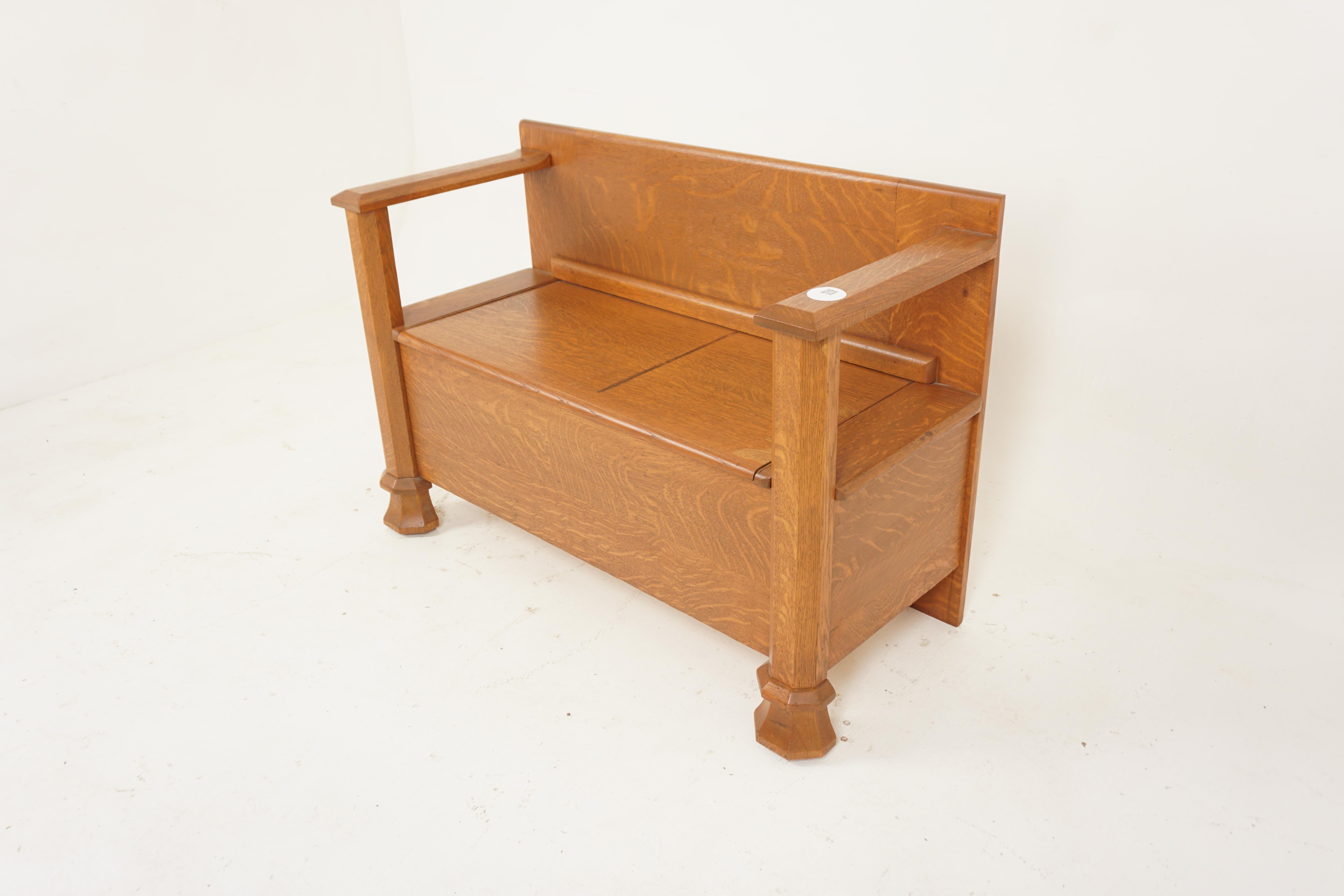 Arts + Crafts Tiger oak hall bench, lift up seat, Scotland 1910, H697

Scotland 1910
Solid Tiger Oak 
Original Finish 
Short Oak back
Pair of each arms are connected to half pillar supports
Lift up seat with lots of storage
All standing on shaped