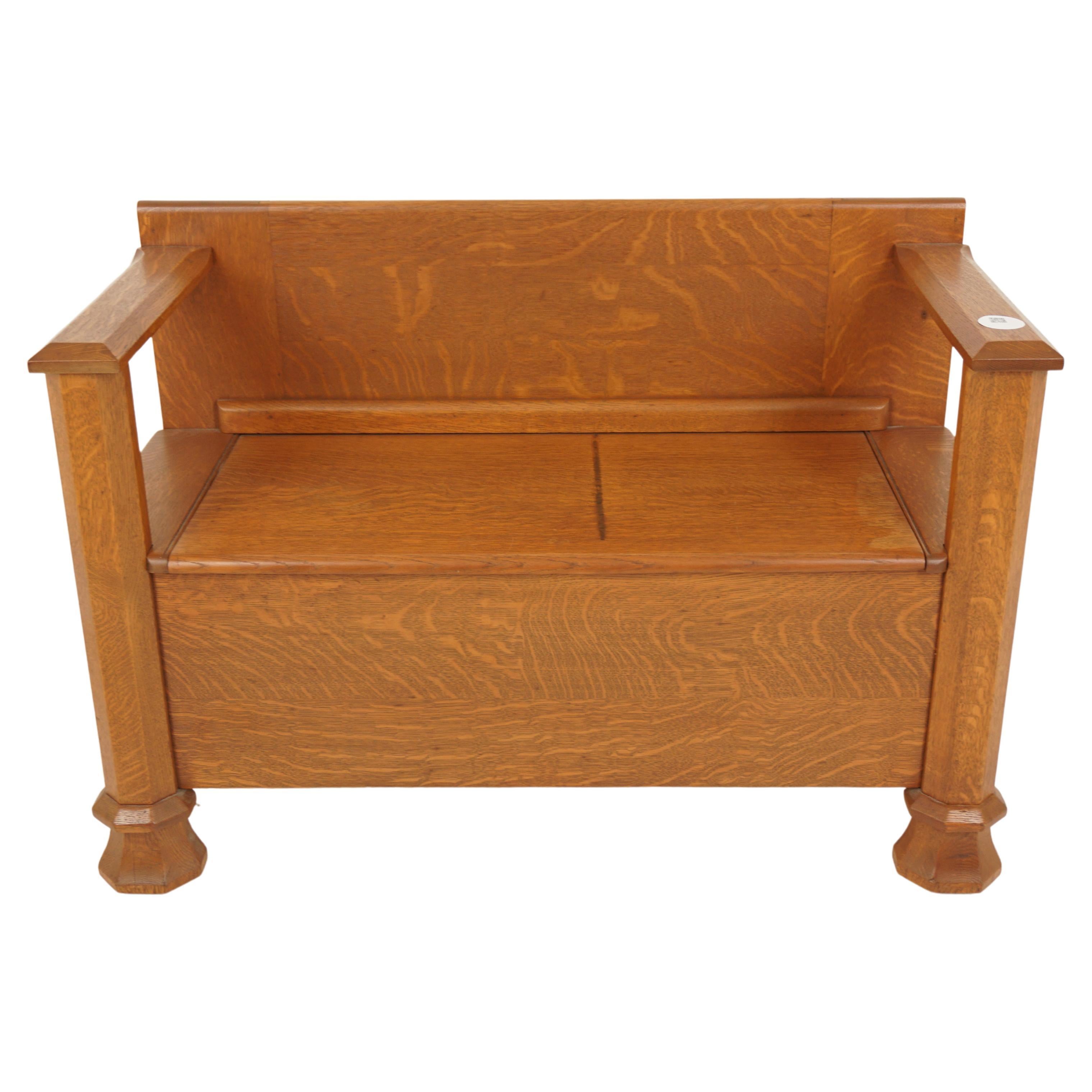 Arts + Crafts Tiger Oak Hall Bench, Lift up Seat, Scotland 1910, H697 For Sale
