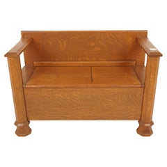 Arts + Crafts Tiger Oak Hall Bench, Lift up Seat, Scotland 1910, H697