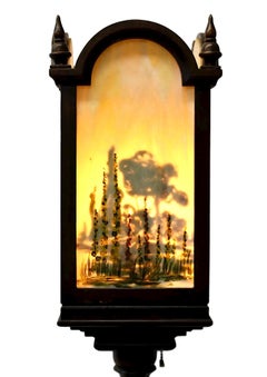 Arts & Crafts Torchiere w/ Hand Painted Art Glass