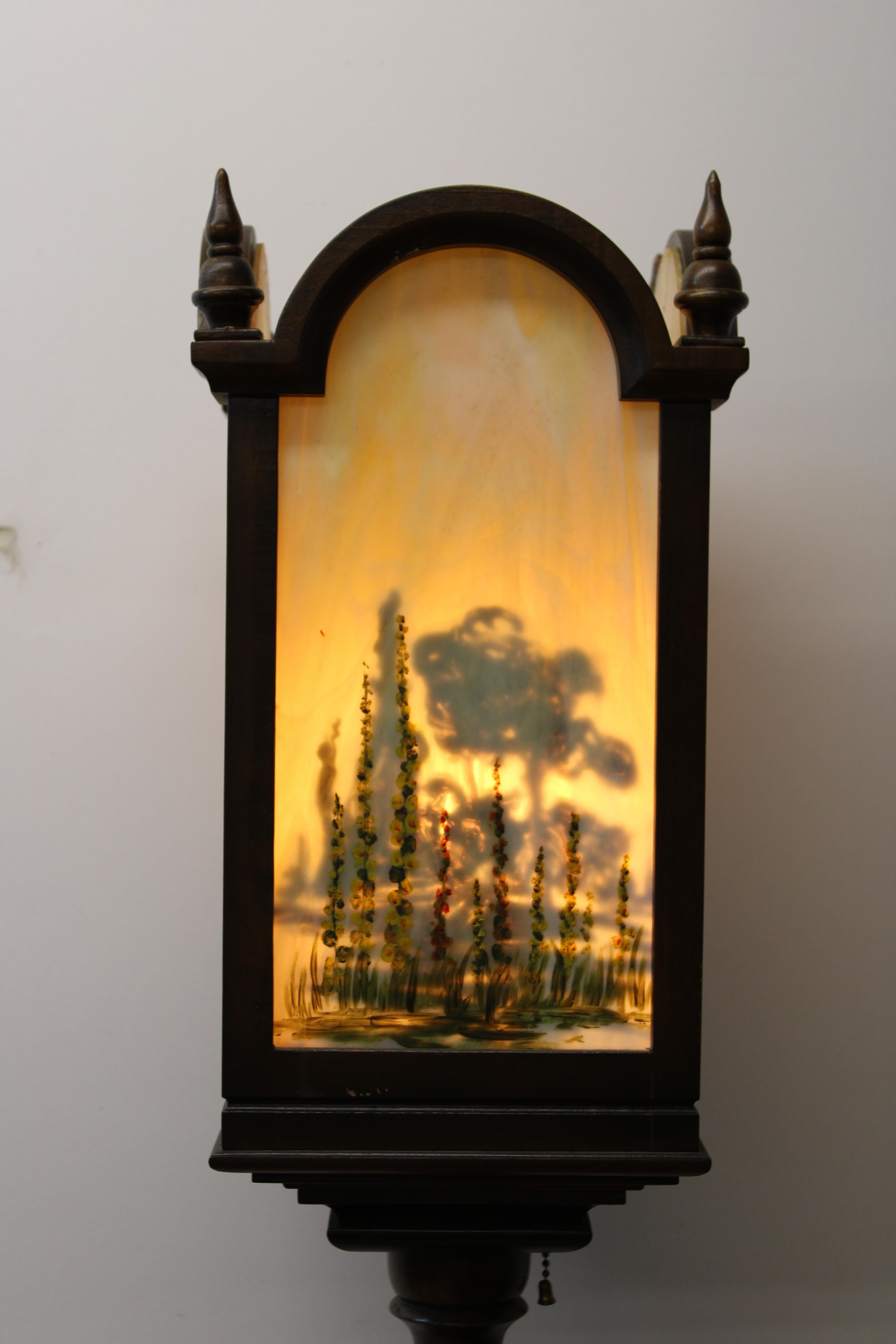 Arts & Crafts Torchiere w/ Hand Painted Art Glass In Good Condition For Sale In San Francisco, CA