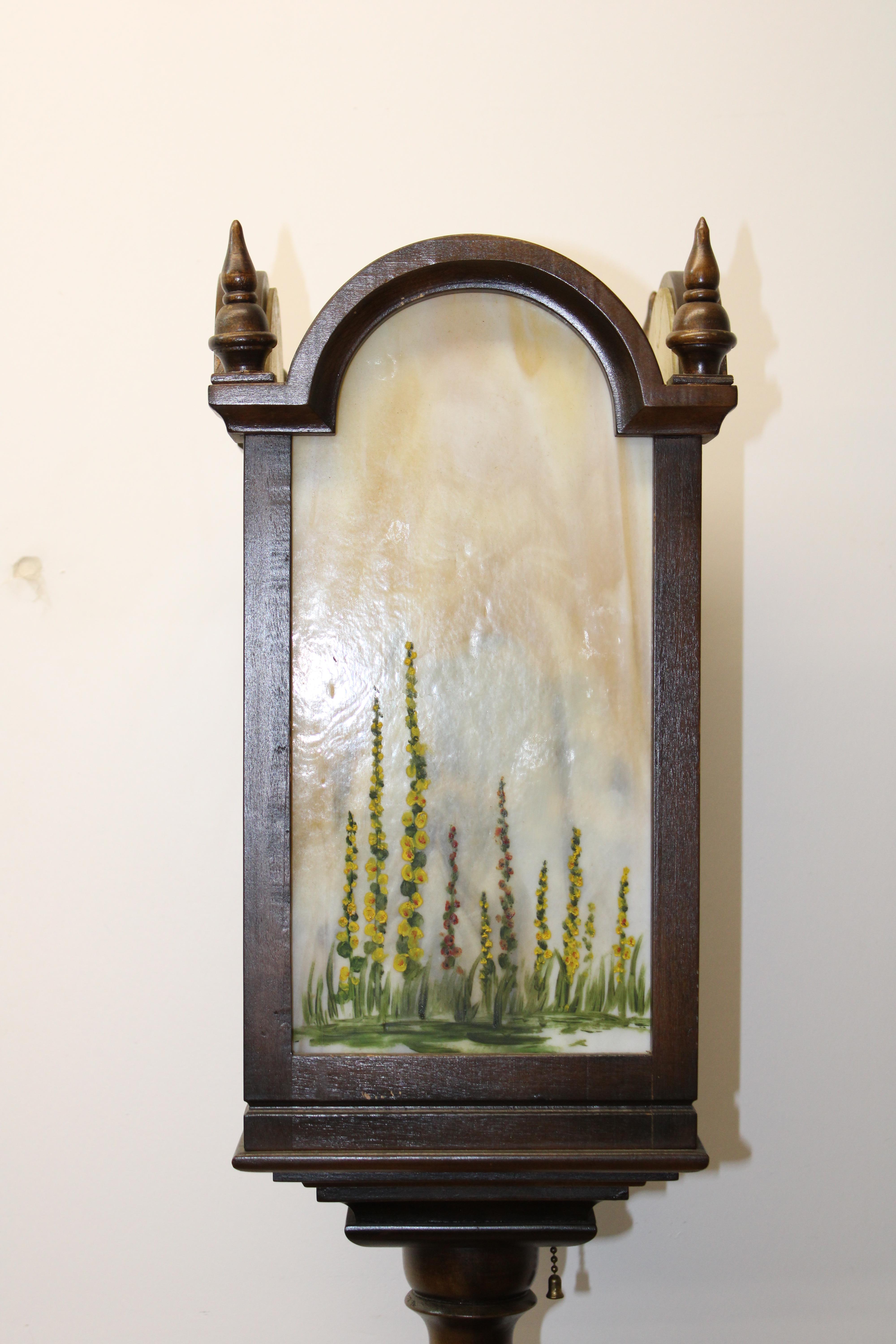 20th Century Arts & Crafts Torchiere w/ Hand Painted Art Glass For Sale