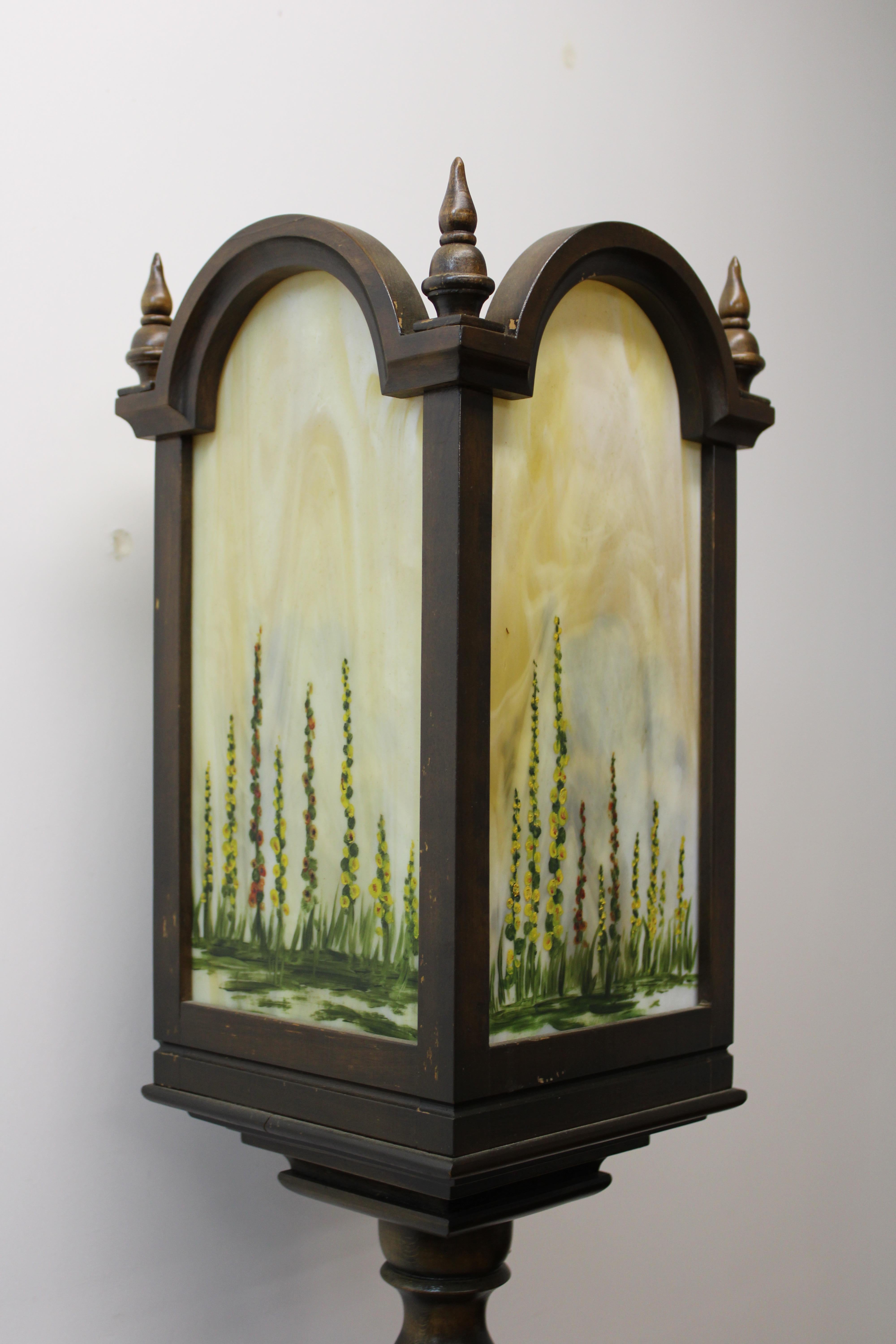 Arts & Crafts Torchiere w/ Hand Painted Art Glass For Sale 3