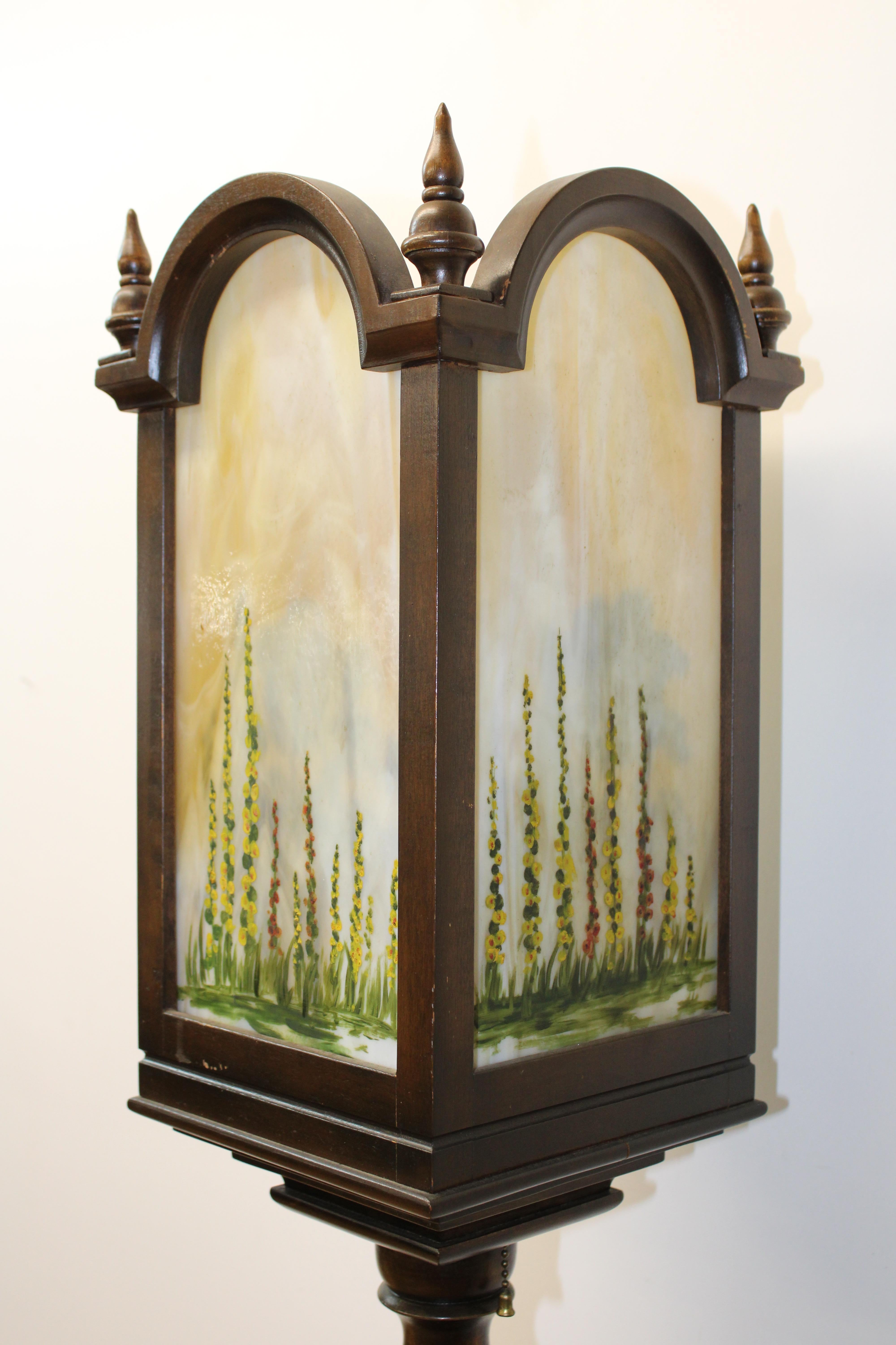 Arts & Crafts Torchiere w/ Hand Painted Art Glass For Sale 4