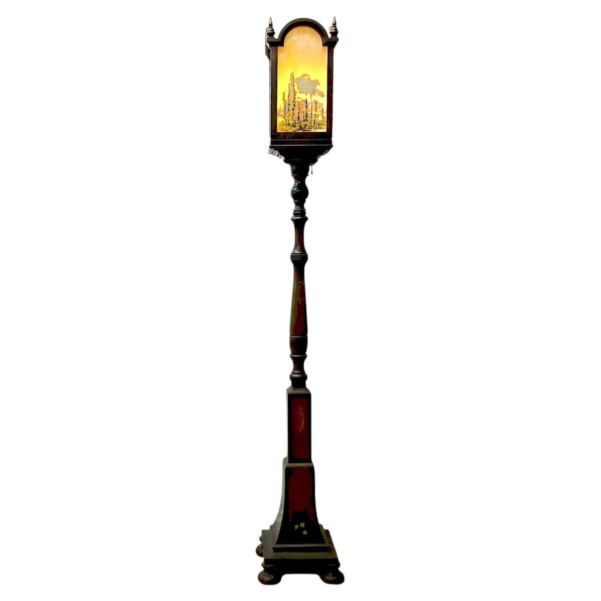 Arts & Crafts Torchiere w/ Hand Painted Art Glass For Sale
