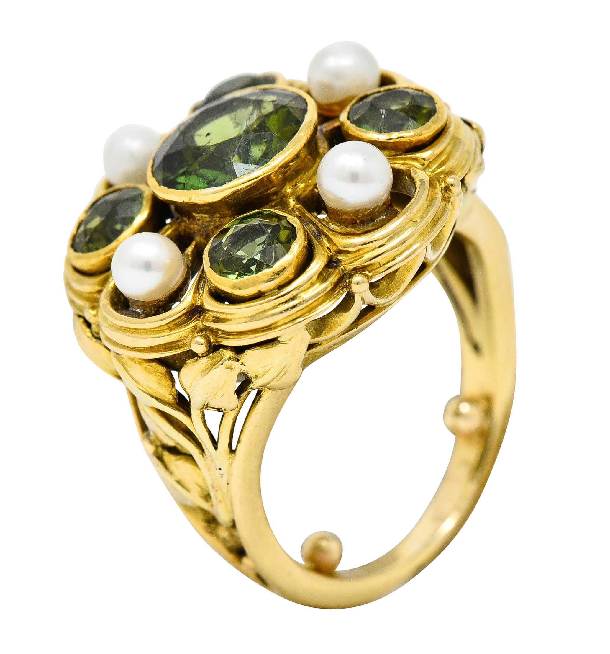 Arts & Crafts Tourmaline Pearl 18 Karat Gold Foliate Cluster Ring For Sale 3