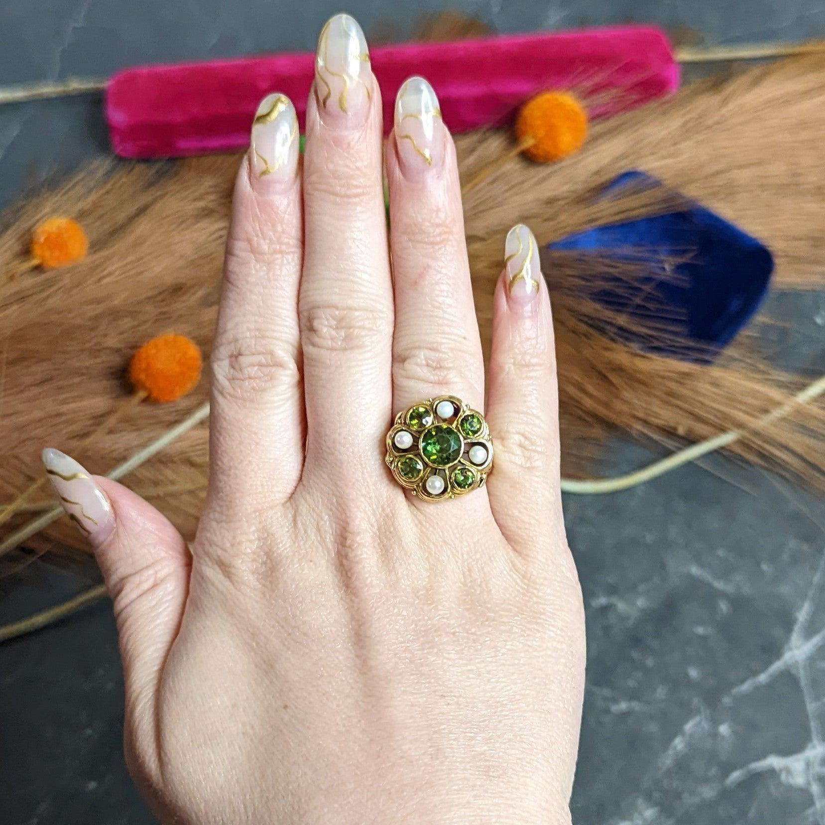 Arts & Crafts Tourmaline Pearl 18 Karat Gold Foliate Cluster Ring For Sale 4