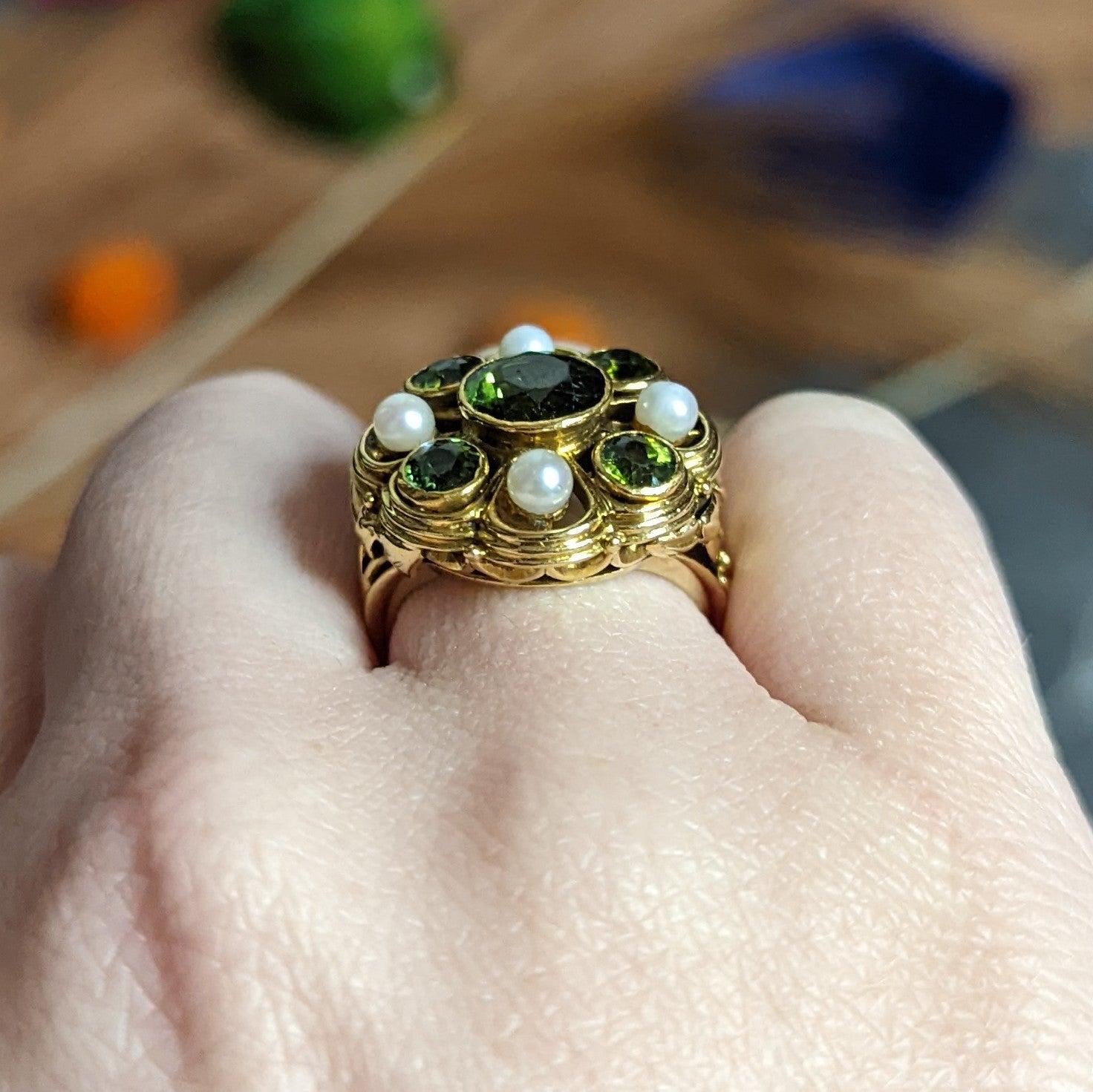 Arts & Crafts Tourmaline Pearl 18 Karat Gold Foliate Cluster Ring For Sale 5