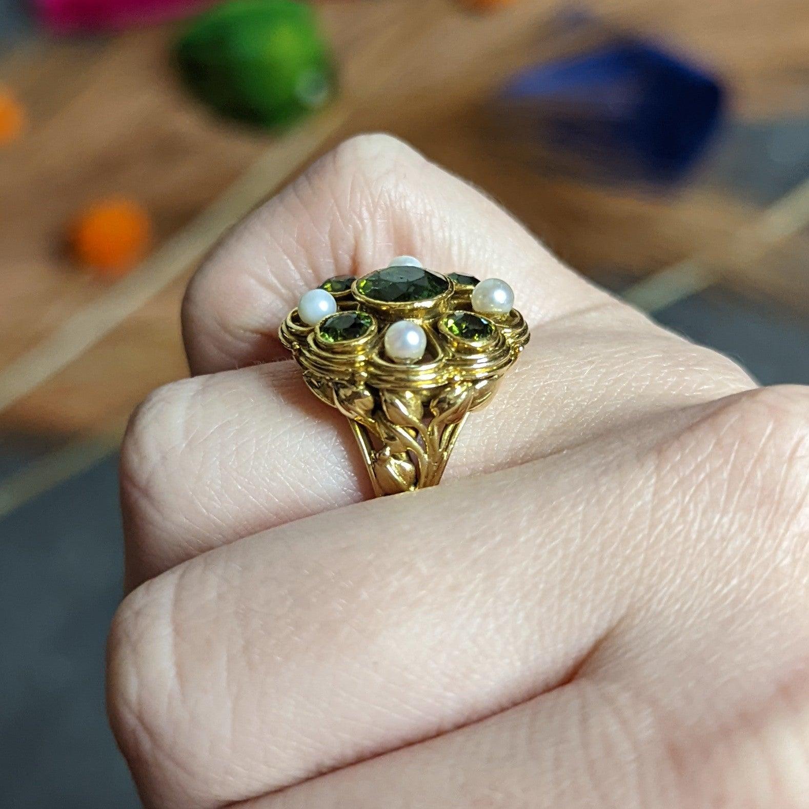 Arts & Crafts Tourmaline Pearl 18 Karat Gold Foliate Cluster Ring For Sale 6