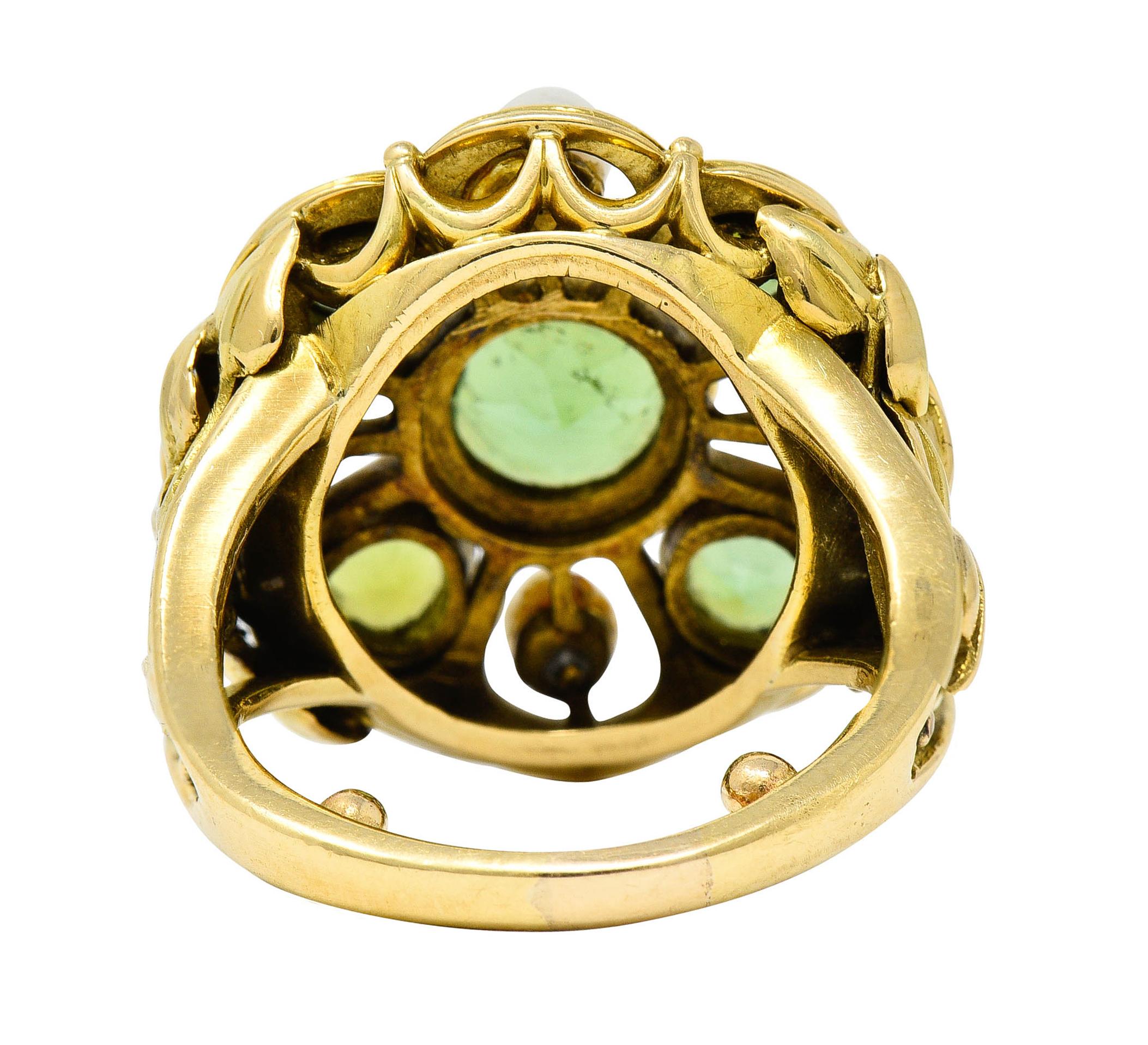 Arts and Crafts Arts & Crafts Tourmaline Pearl 18 Karat Gold Foliate Cluster Ring For Sale