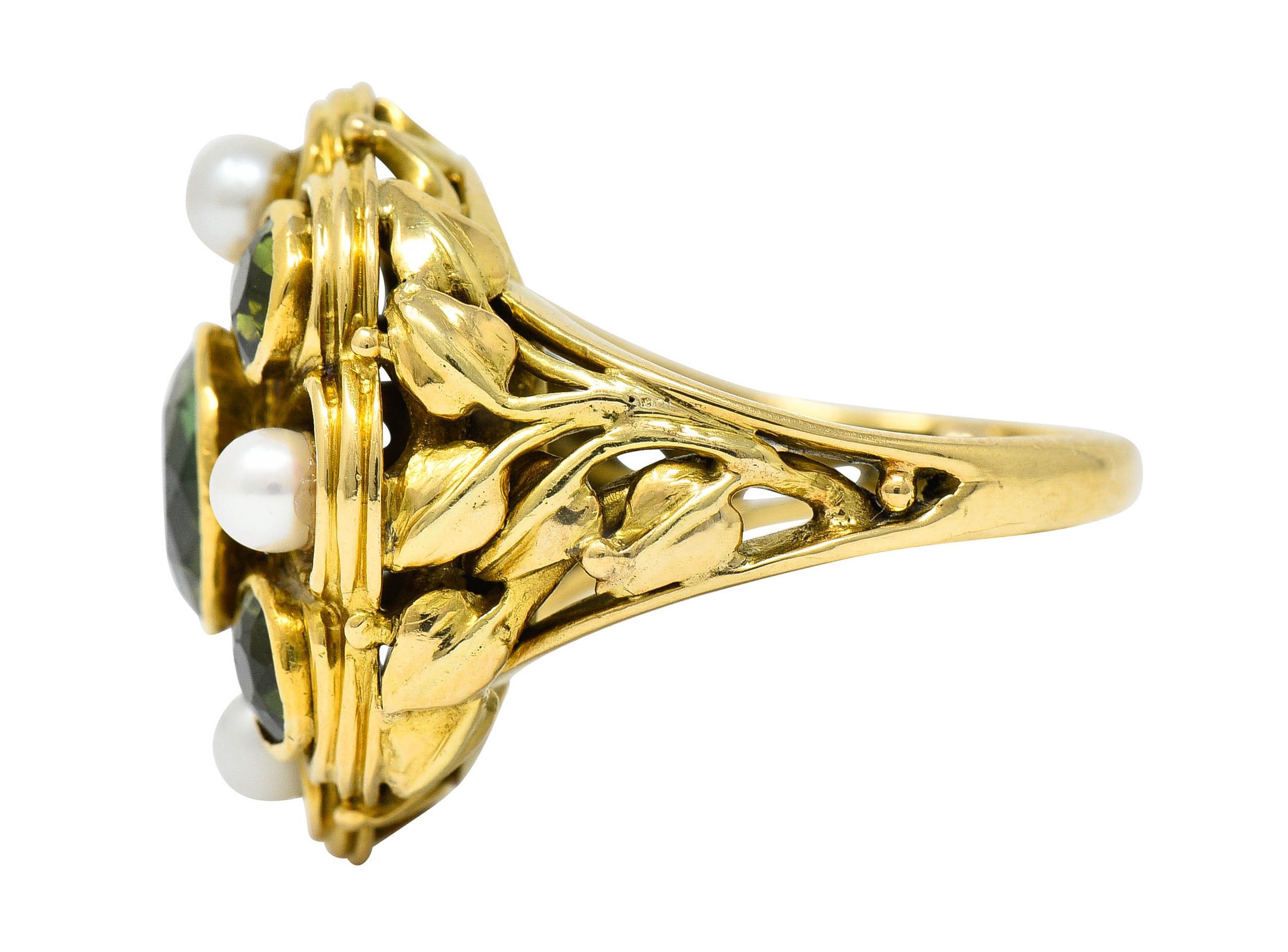 Round Cut Arts & Crafts Tourmaline Pearl 18 Karat Gold Foliate Cluster Ring For Sale