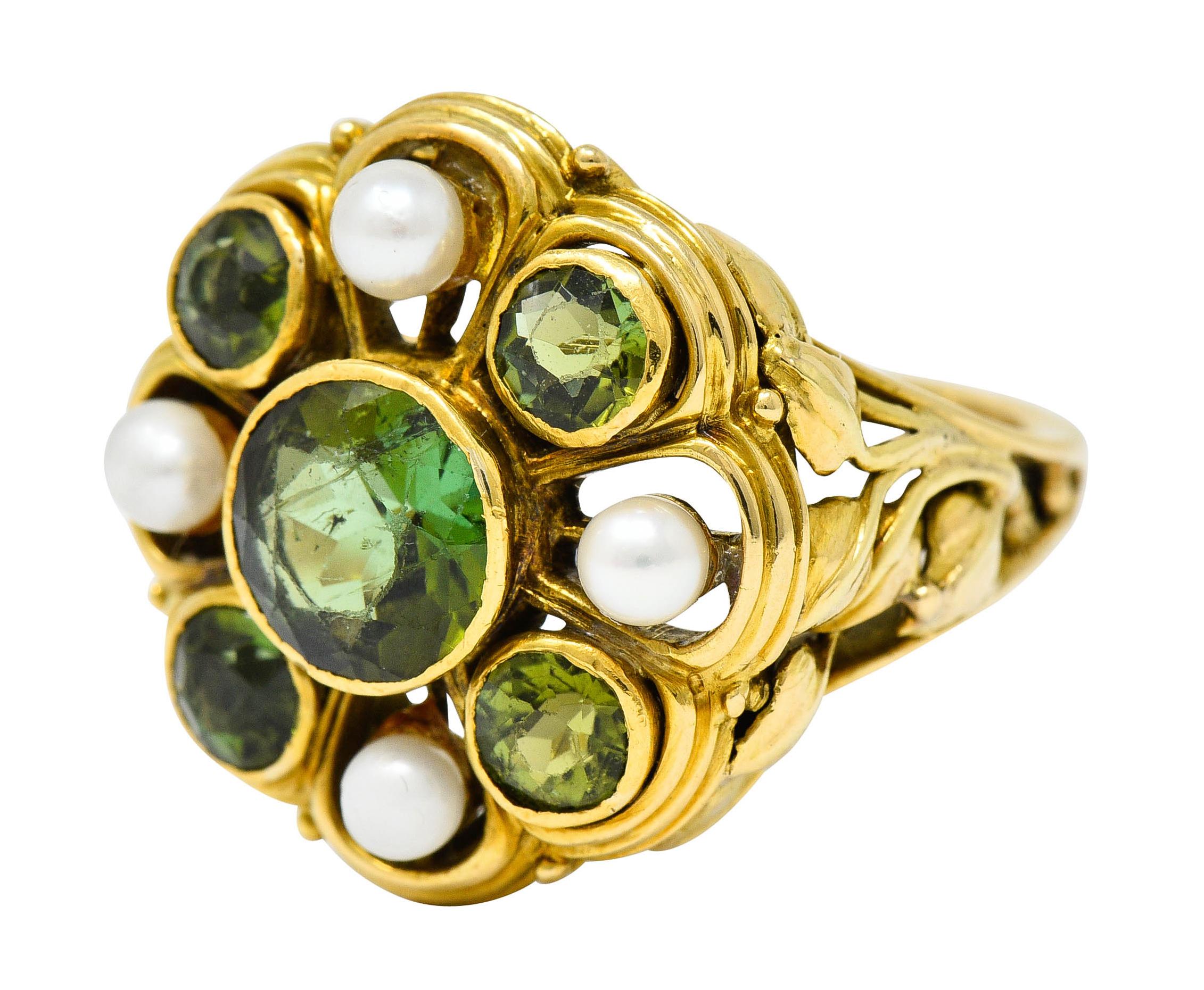 Arts & Crafts Tourmaline Pearl 18 Karat Gold Foliate Cluster Ring In Excellent Condition For Sale In Philadelphia, PA