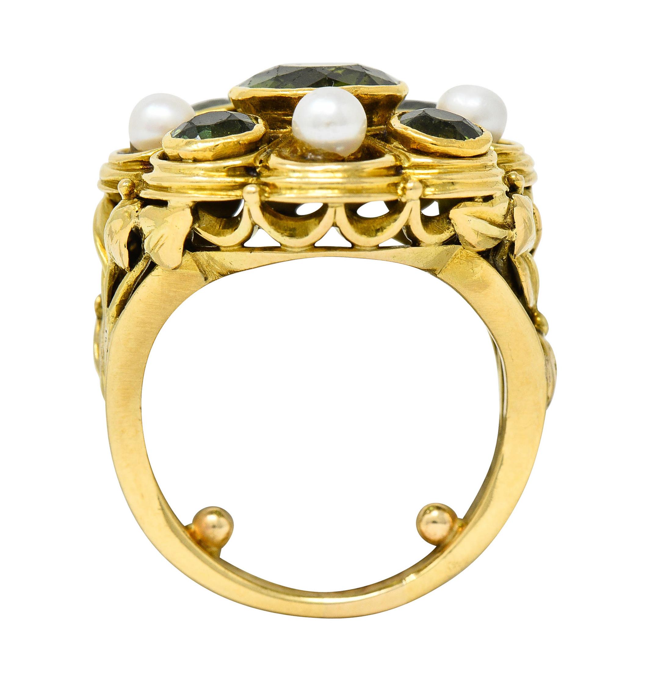 Women's or Men's Arts & Crafts Tourmaline Pearl 18 Karat Gold Foliate Cluster Ring For Sale