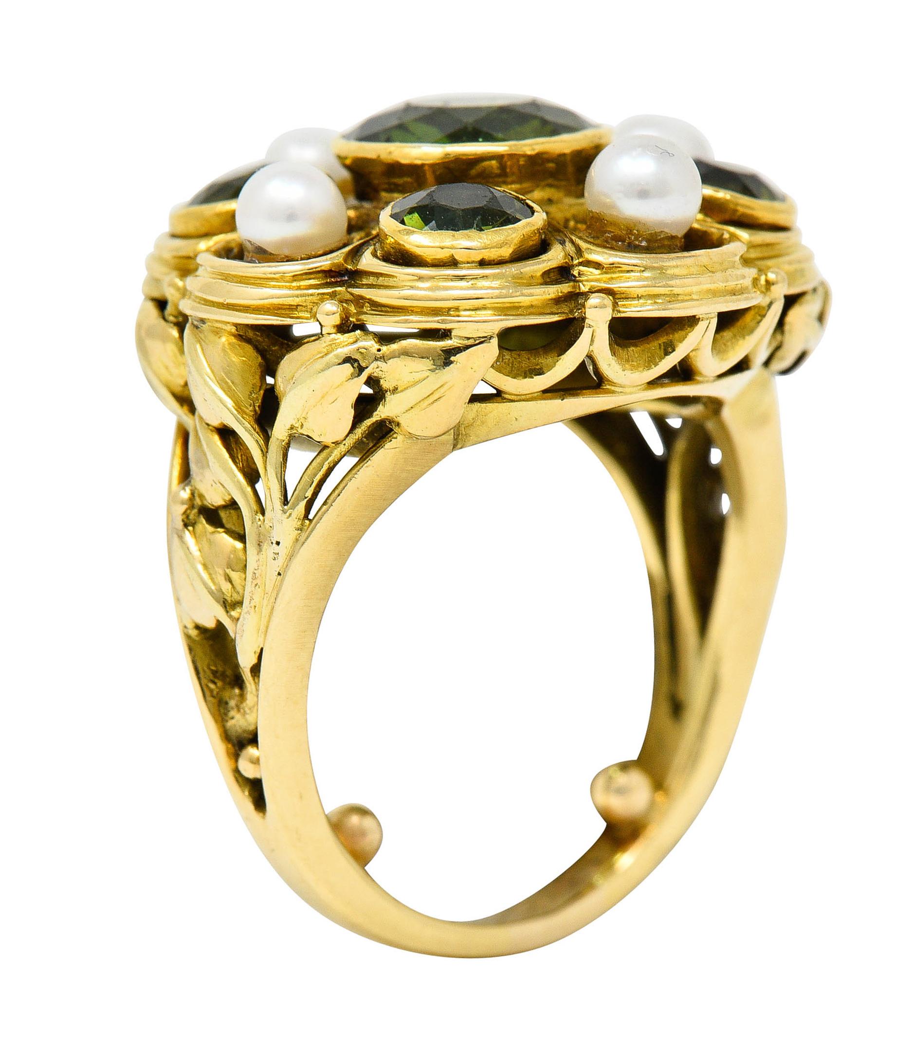 Arts & Crafts Tourmaline Pearl 18 Karat Gold Foliate Cluster Ring For Sale 1