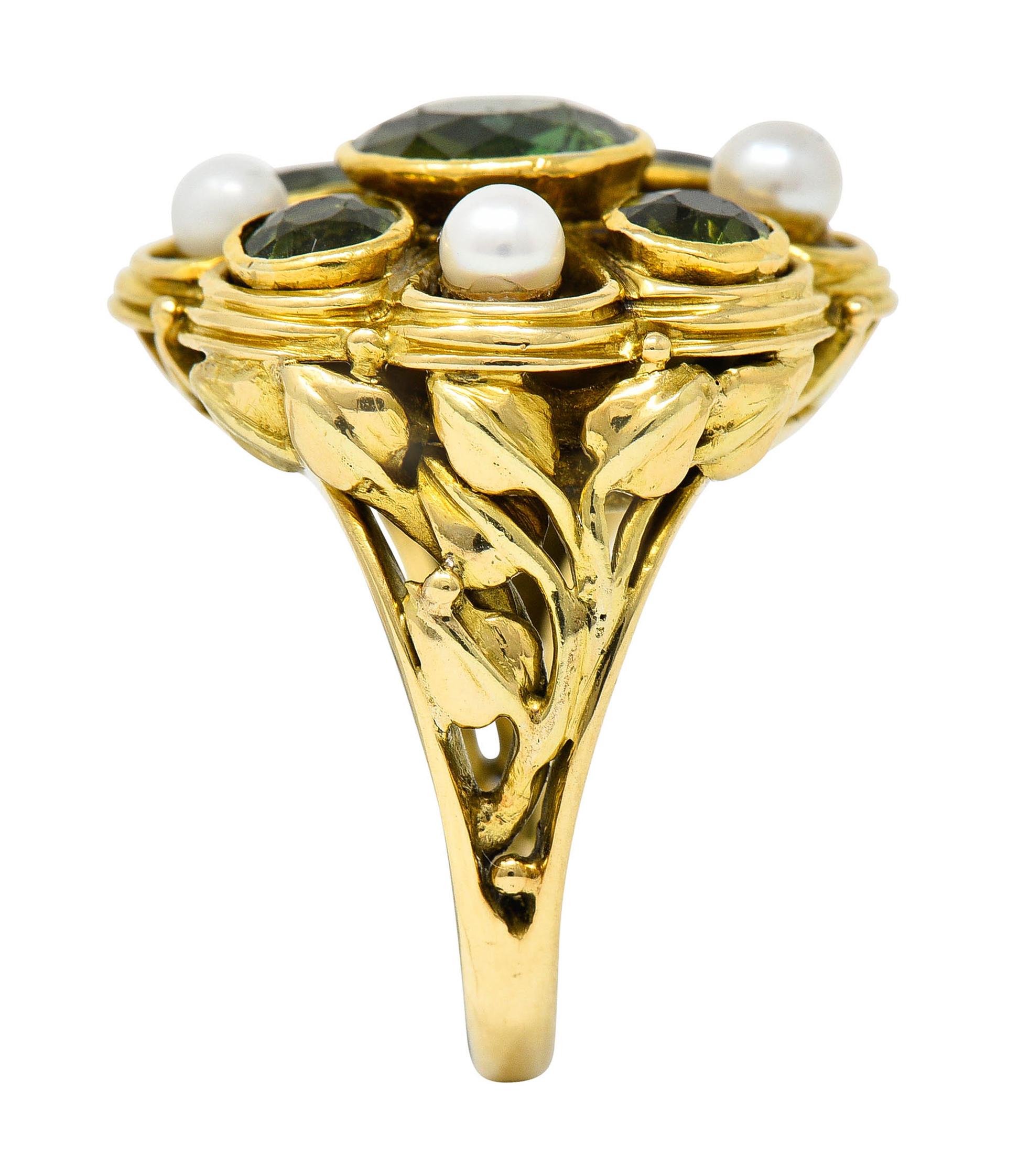 Arts & Crafts Tourmaline Pearl 18 Karat Gold Foliate Cluster Ring For Sale 2