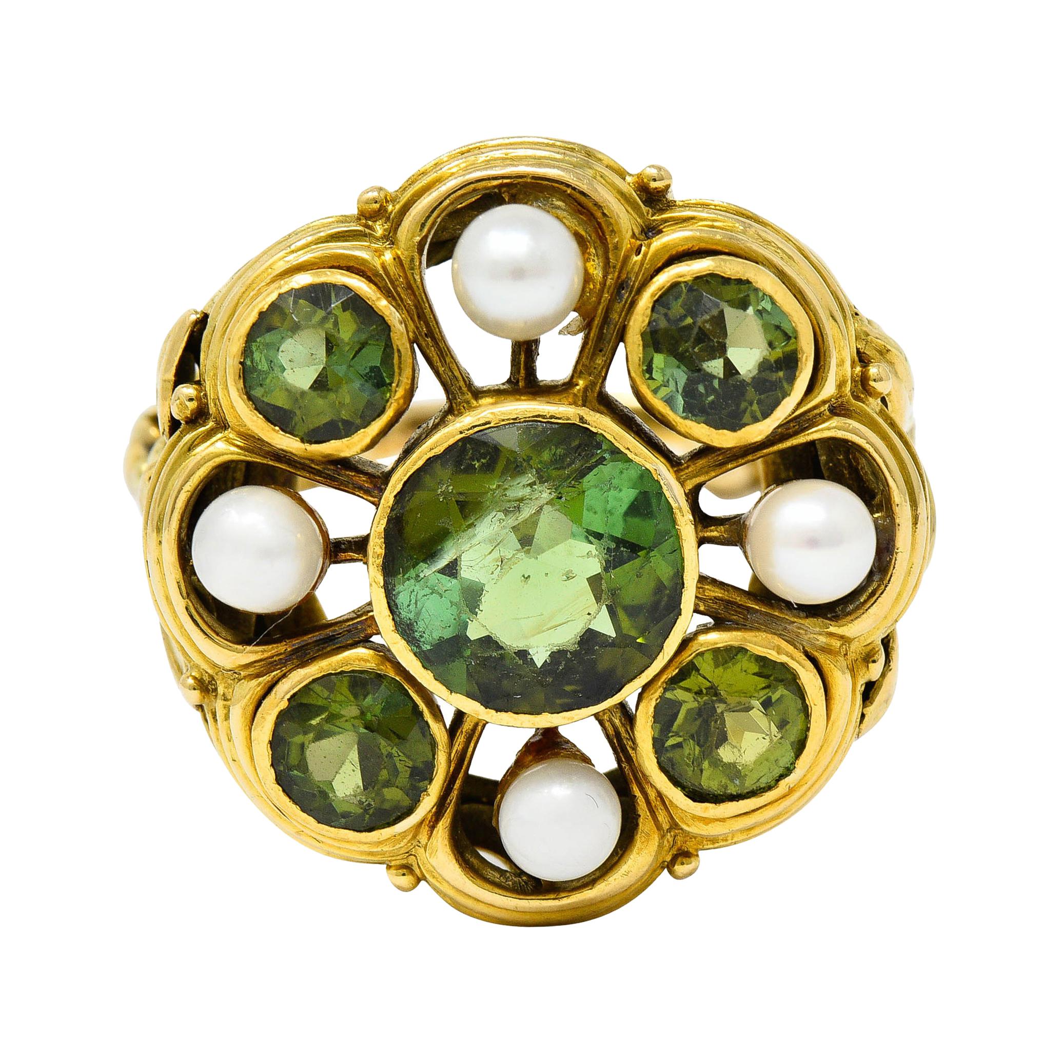 Arts & Crafts Tourmaline Pearl 18 Karat Gold Foliate Cluster Ring For Sale
