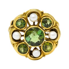 Antique Arts & Crafts Tourmaline Pearl 18 Karat Gold Foliate Cluster Ring