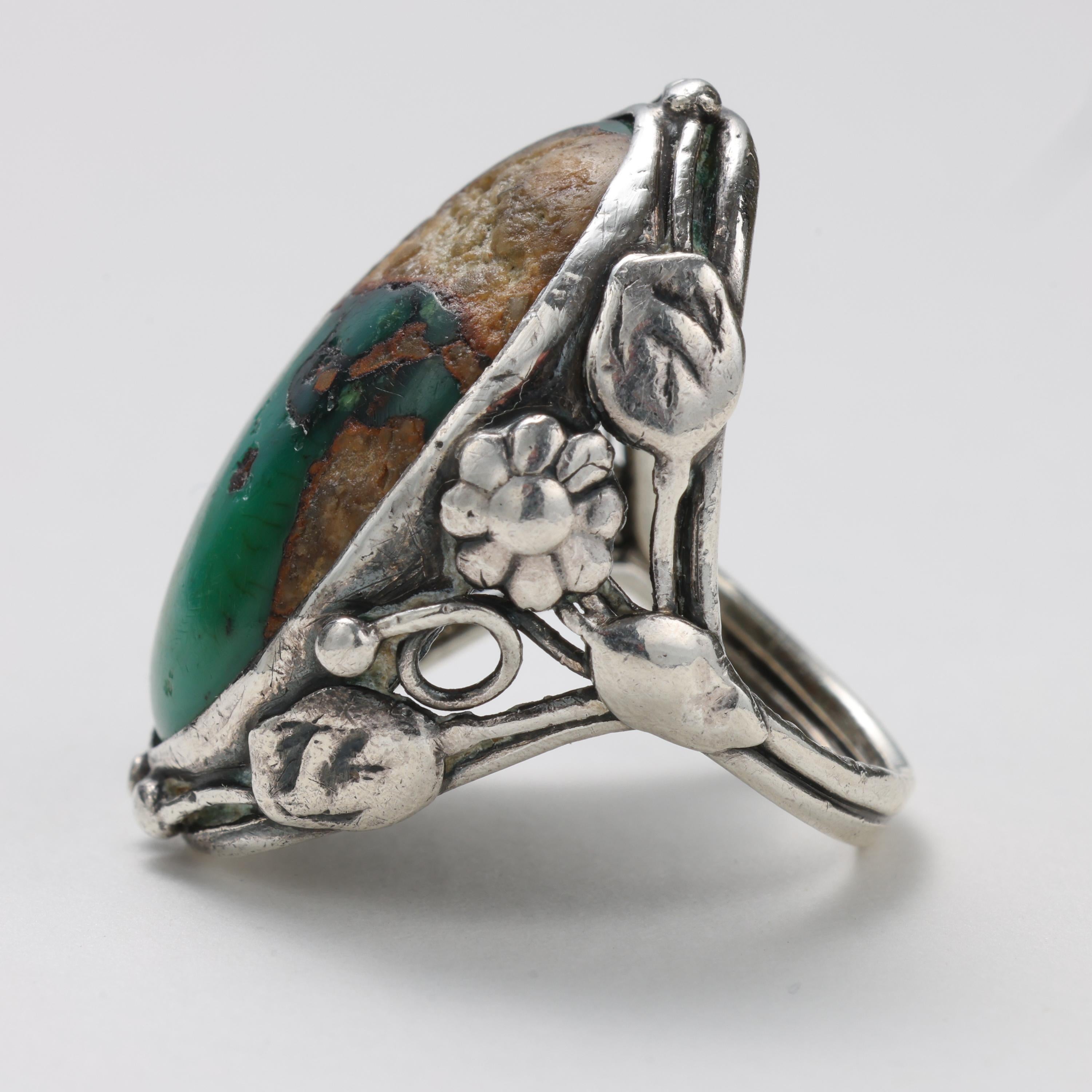 Arts & Crafts Turquoise Ring in Silver In Excellent Condition For Sale In Southbury, CT