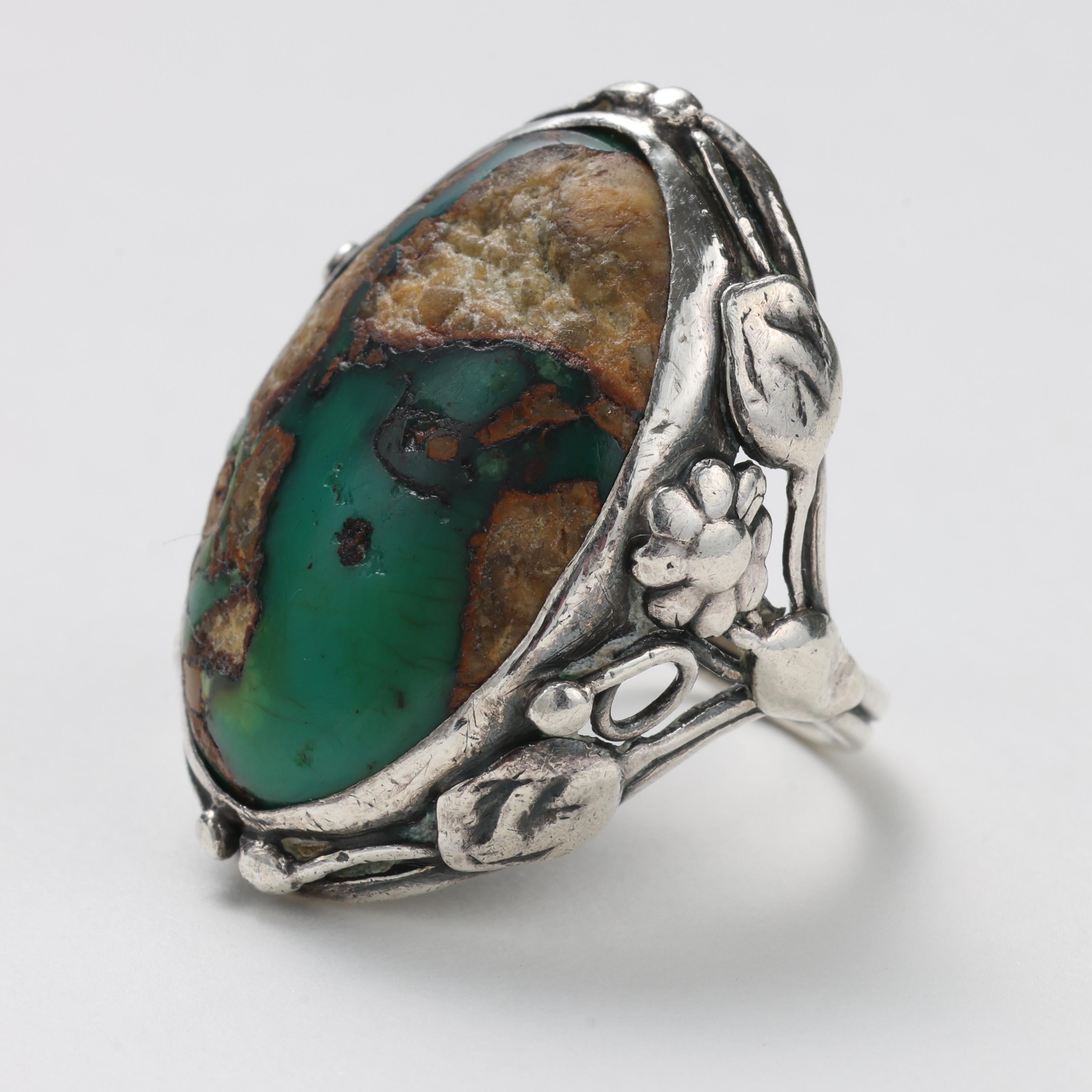 Women's or Men's Arts & Crafts Turquoise Ring in Silver For Sale