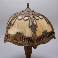 Arts & Crafts Two Toned Filigree Panel Slag Glass Table Lamp, circa 1920