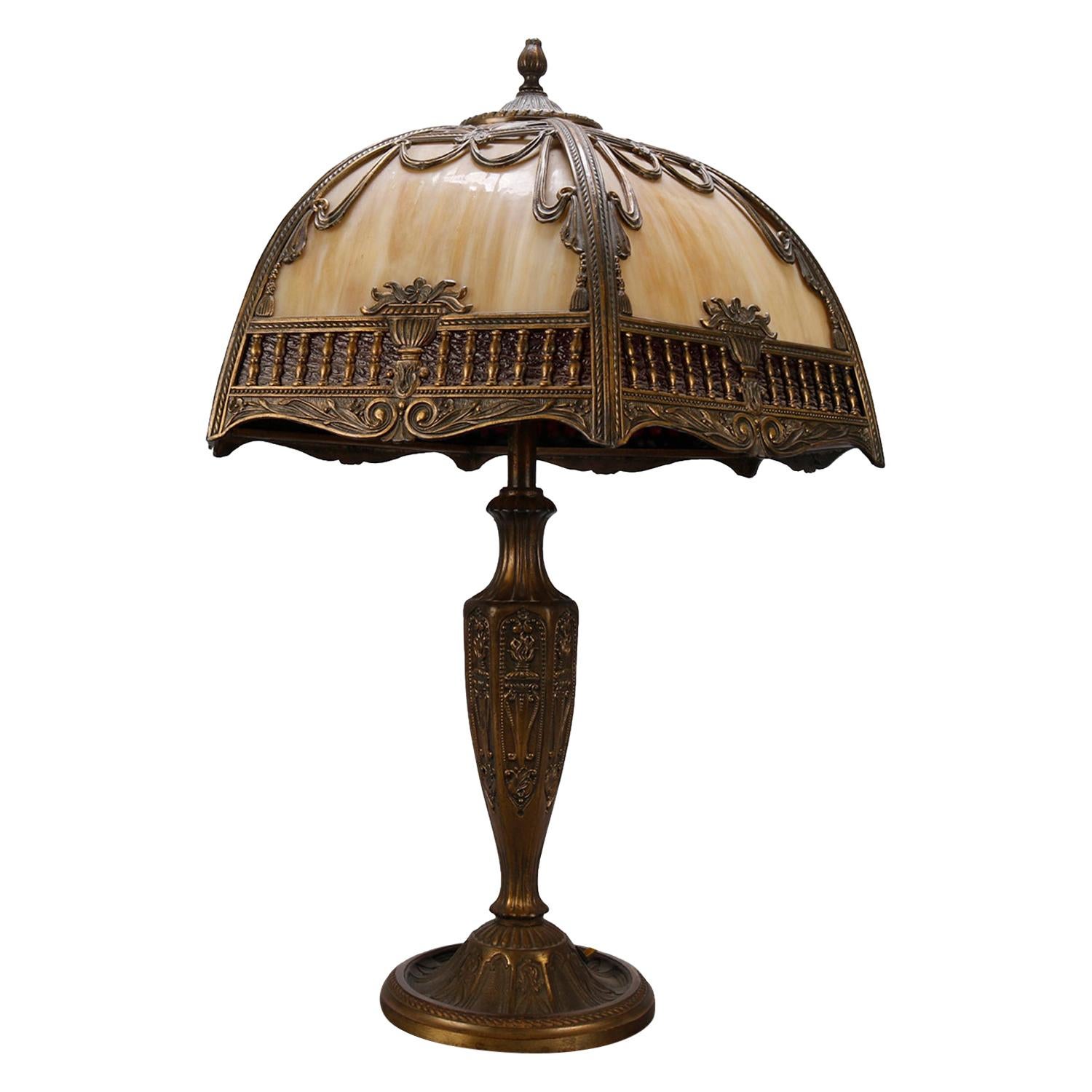 Arts & Crafts Two Toned Filigree Panel Slag Glass Table Lamp, circa 1920