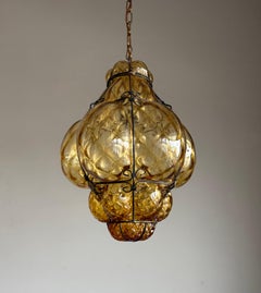 Arts & Crafts Venetian Pendant Light of Mouthblown Glass into an Iron Frame