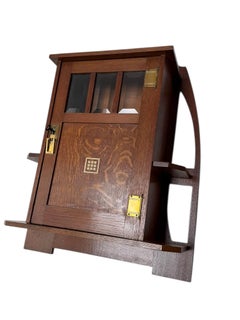 Arts & Crafts Wall Cabinet, Solid Oak with Beveled Glass, 1900s