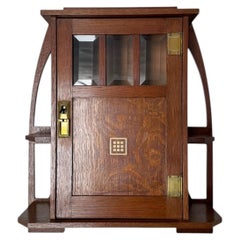 Arts & Crafts Wall Cabinet, Solid Oak with Beveled Glass, 1900s