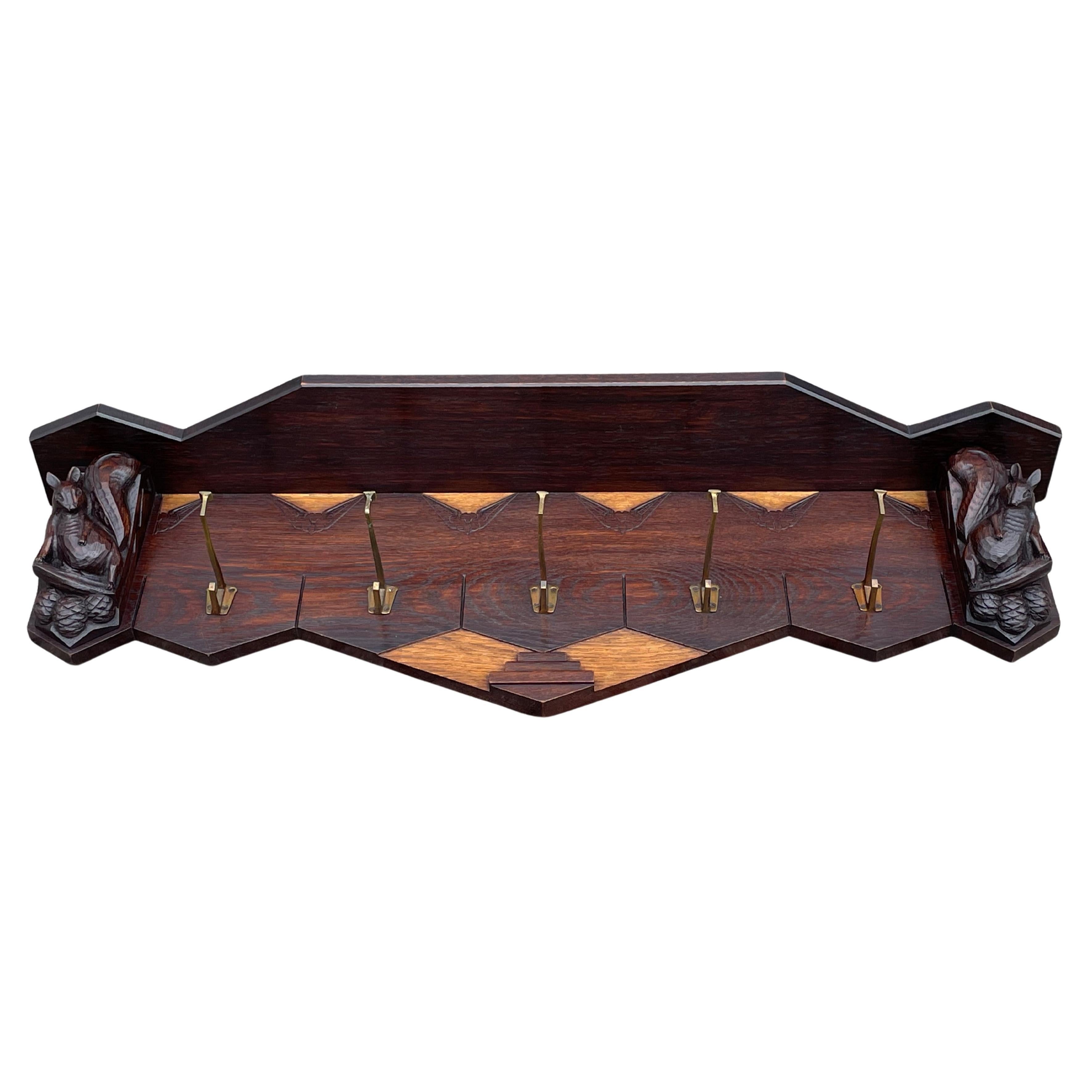 Arts & Crafts Wall Coat Rack w. Hand Carved Squirrel Sculptures & Stylized Birds For Sale