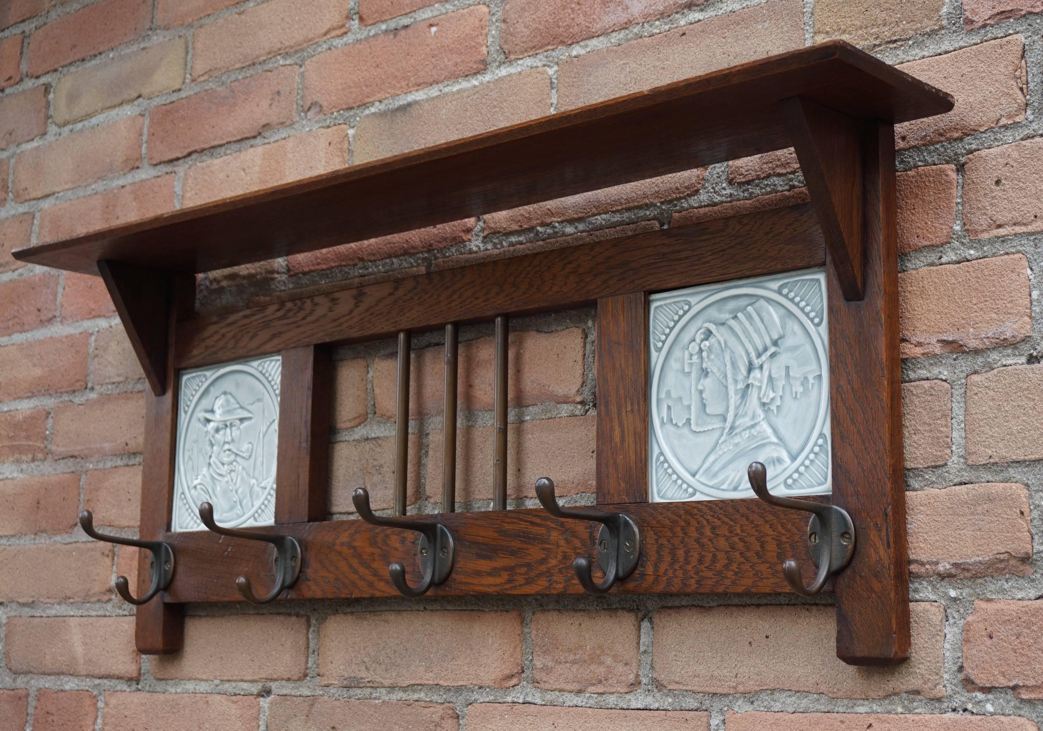 Brass Arts & Crafts Wall Coat Rack with Original and Stunning Majolica Tiles in Relief