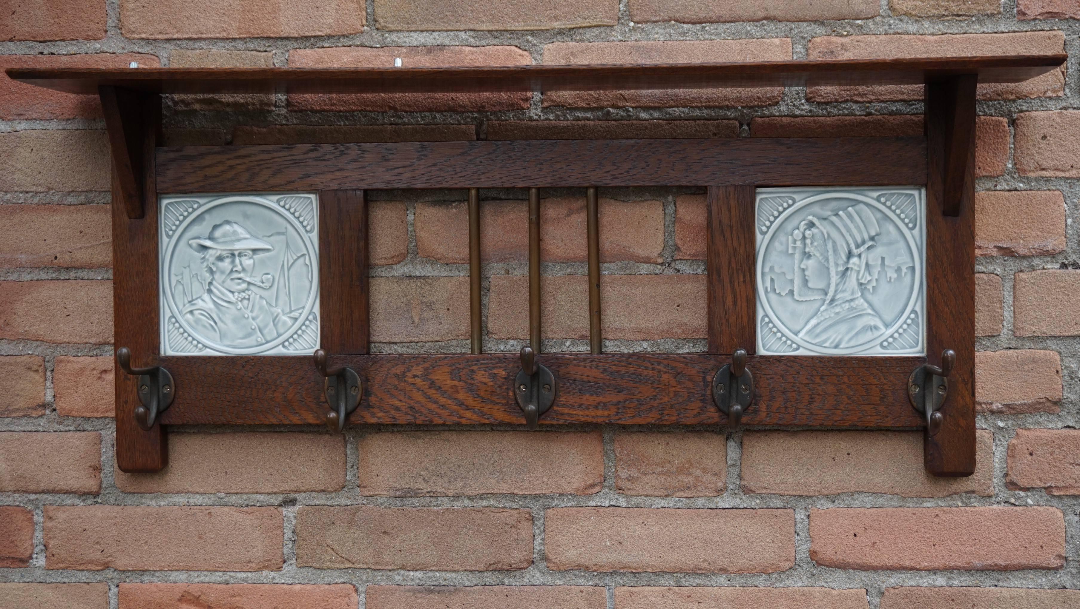 Arts & Crafts Wall Coat Rack with Original and Stunning Majolica Tiles in Relief 1