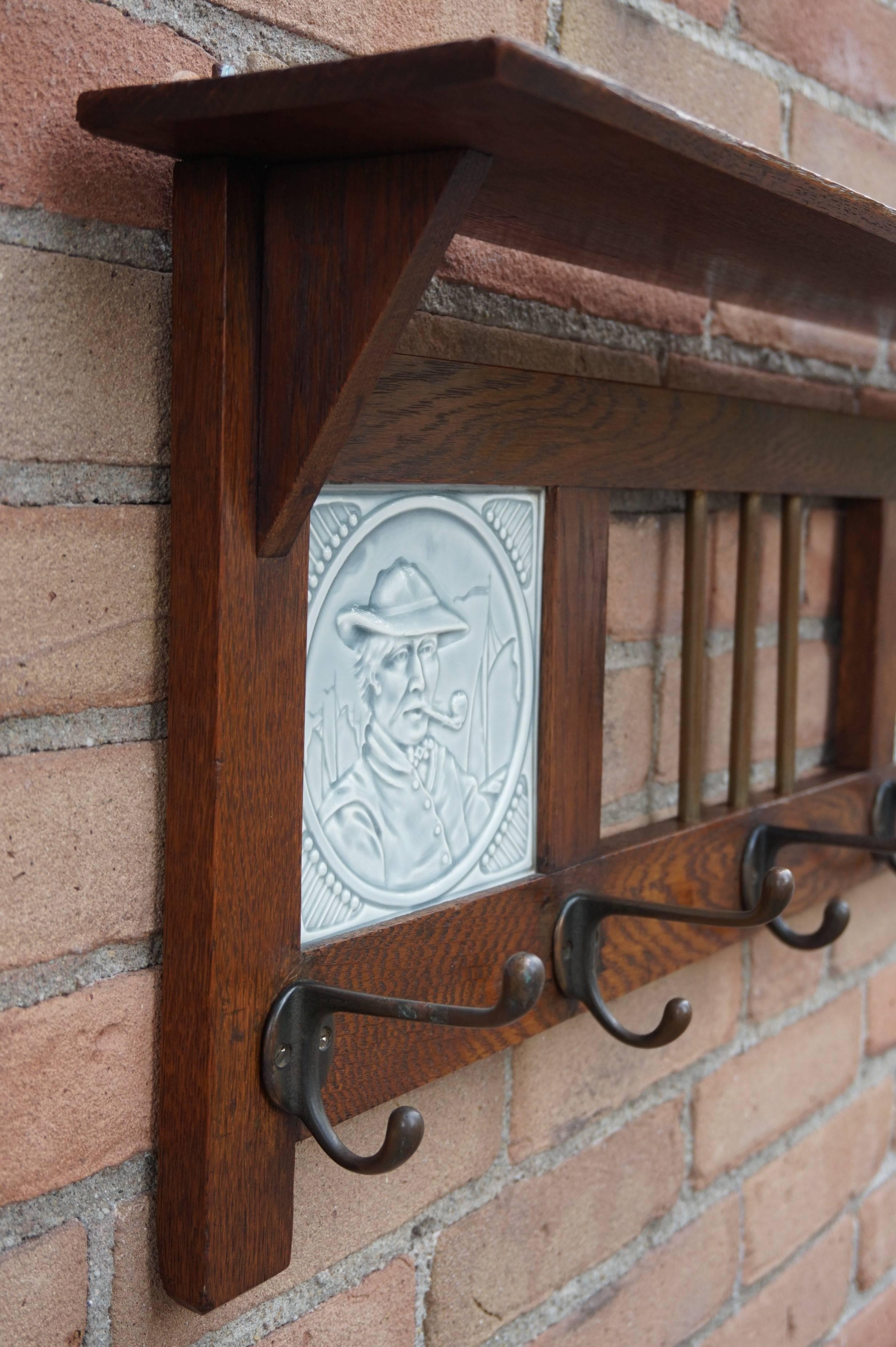 Glazed Arts & Crafts Wall Coat Rack with Original and Stunning Majolica Tiles in Relief