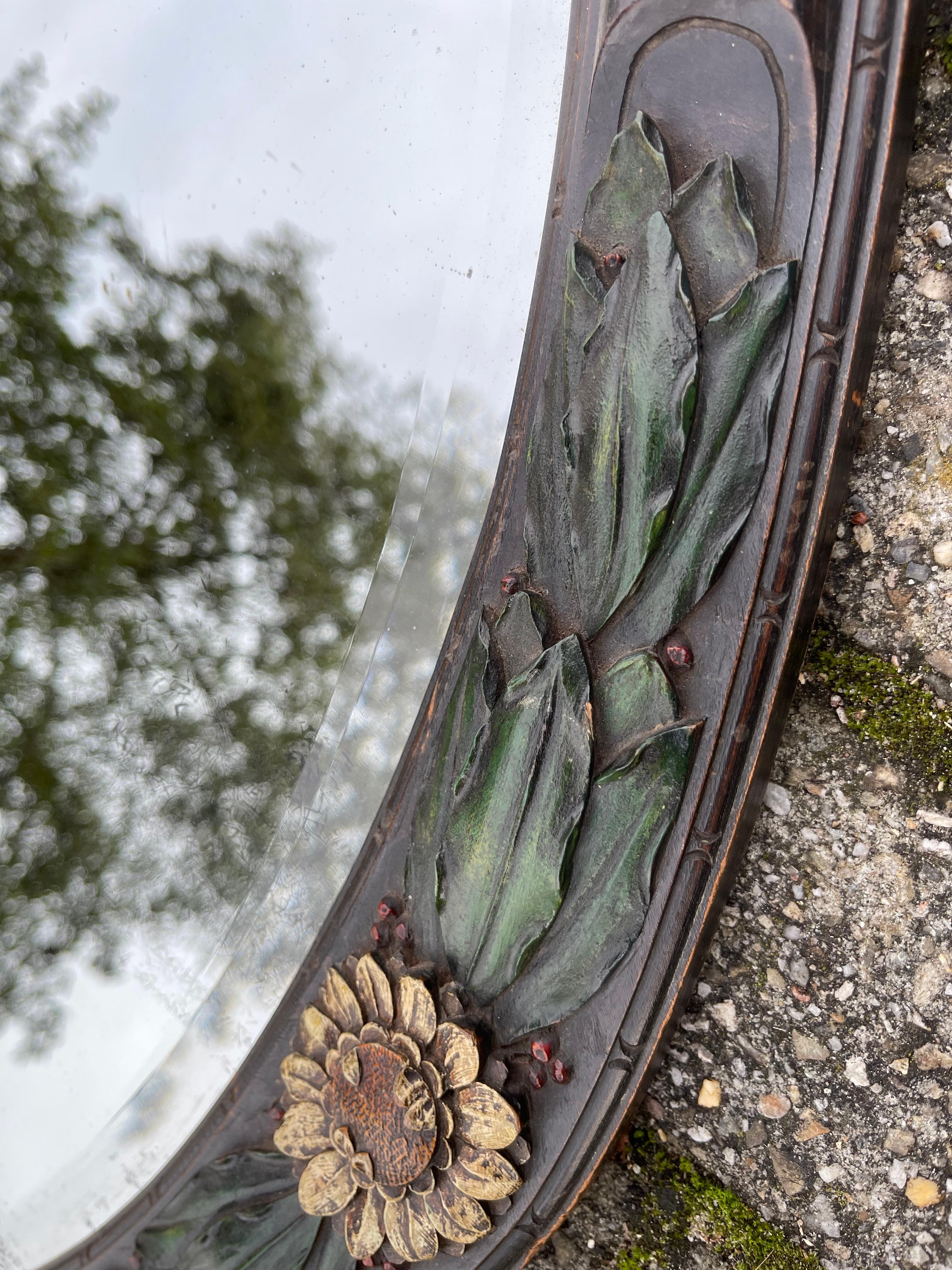 Rare Art Deco Wall Mirror with Hand Carved Wooden Roses & Holly Leafs & Berries For Sale 3