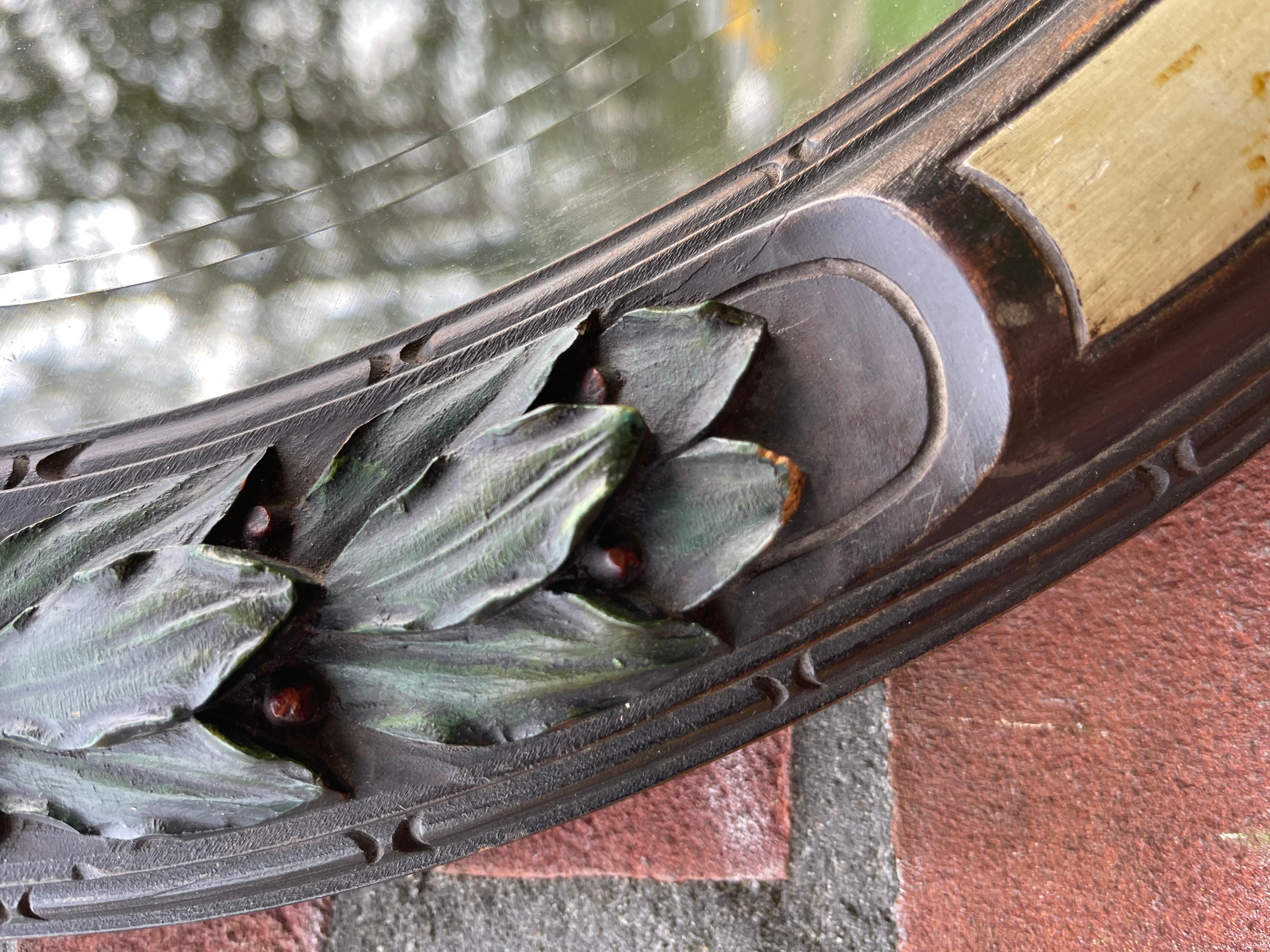 Rare Art Deco Wall Mirror with Hand Carved Wooden Roses & Holly Leafs & Berries For Sale 4
