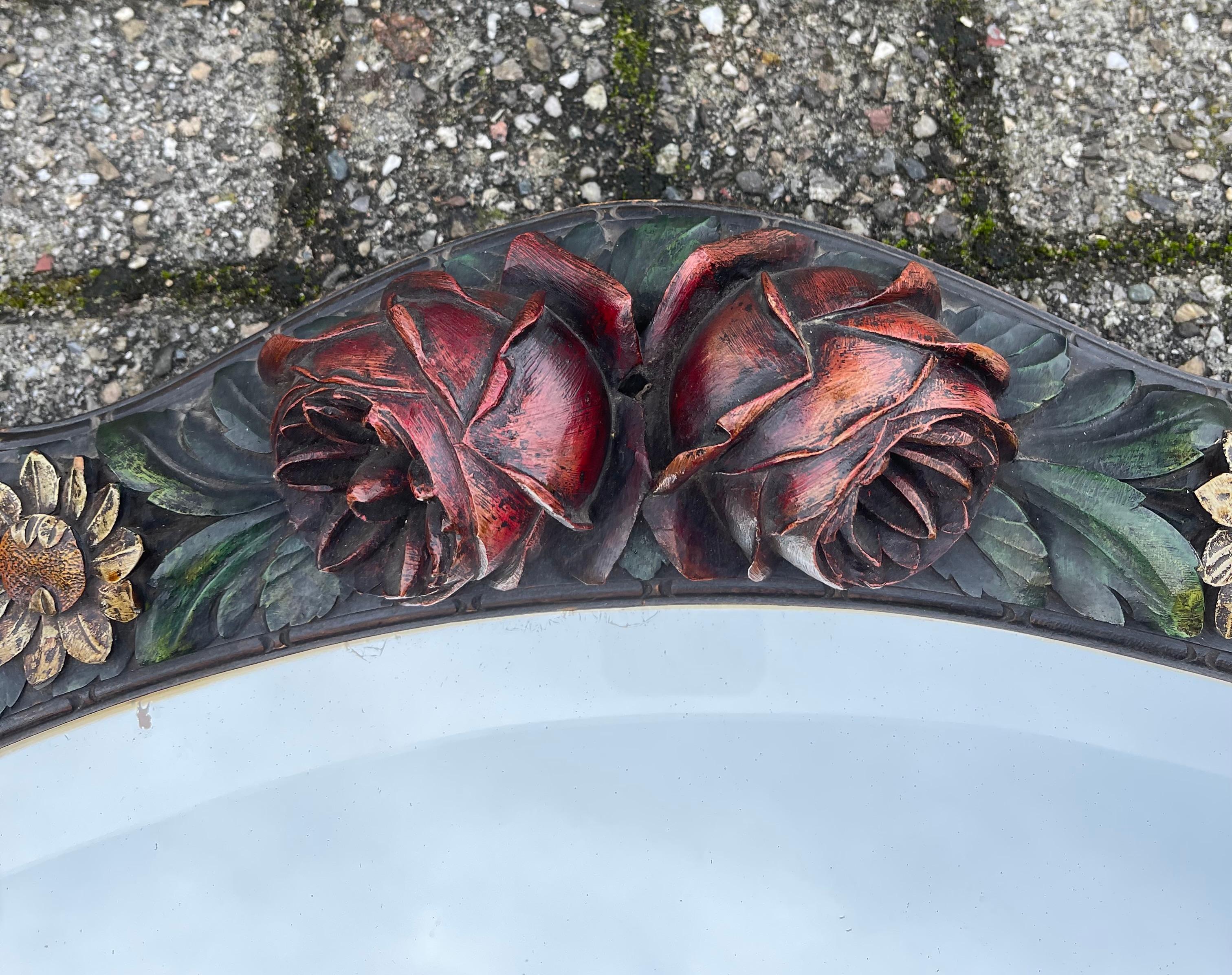 Rare Art Deco Wall Mirror with Hand Carved Wooden Roses & Holly Leafs & Berries For Sale 5